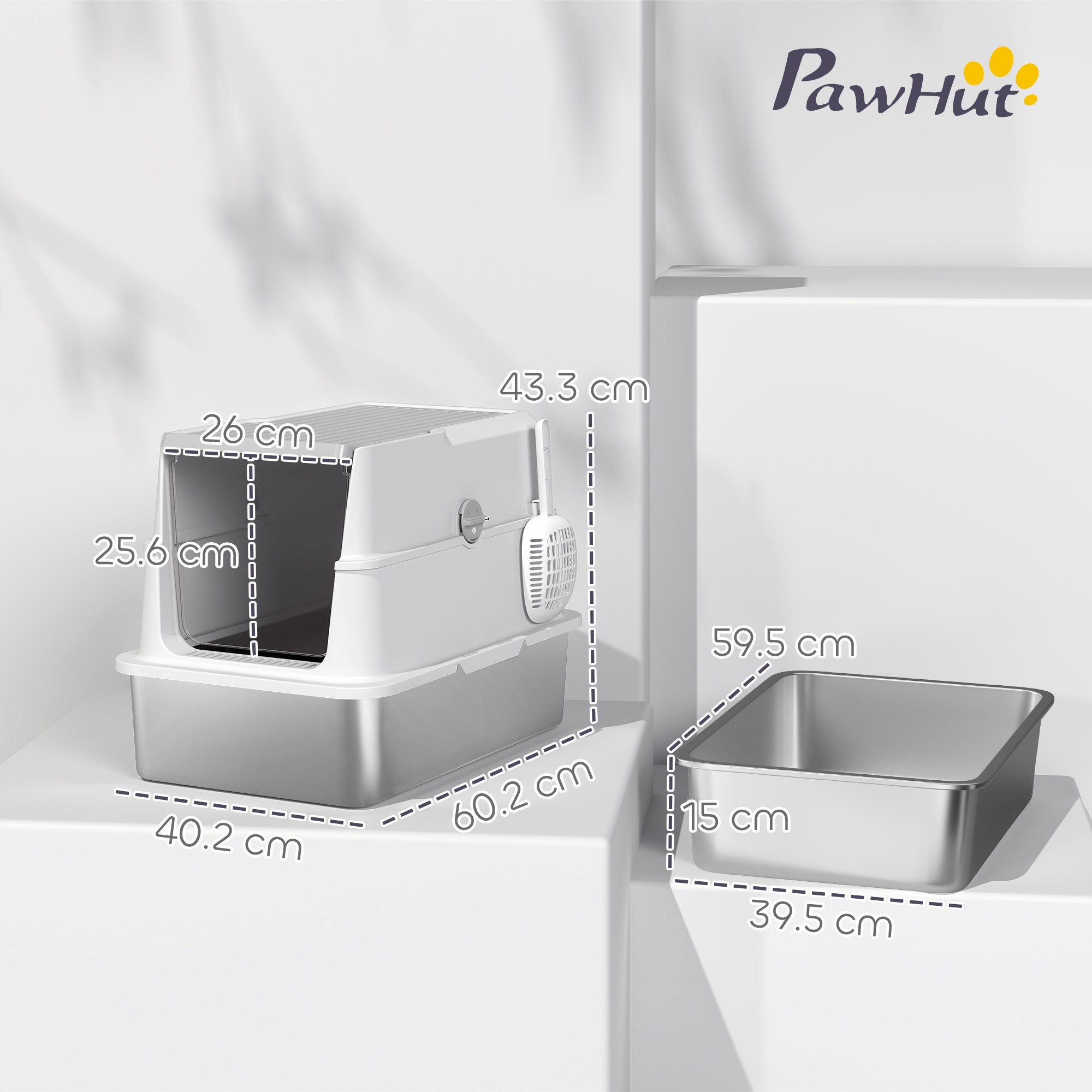 Extra Large Stainless Steel Cat Litter Tray with Scoop, Flip-Top Lid, Odour Control, Modern Design