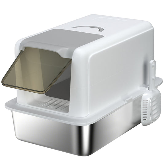 PawHut Stainless Steel Cat Litter Box with Removable Lid, Scoop, Filter Bags, for Larger Cats, White PawHut Default Title