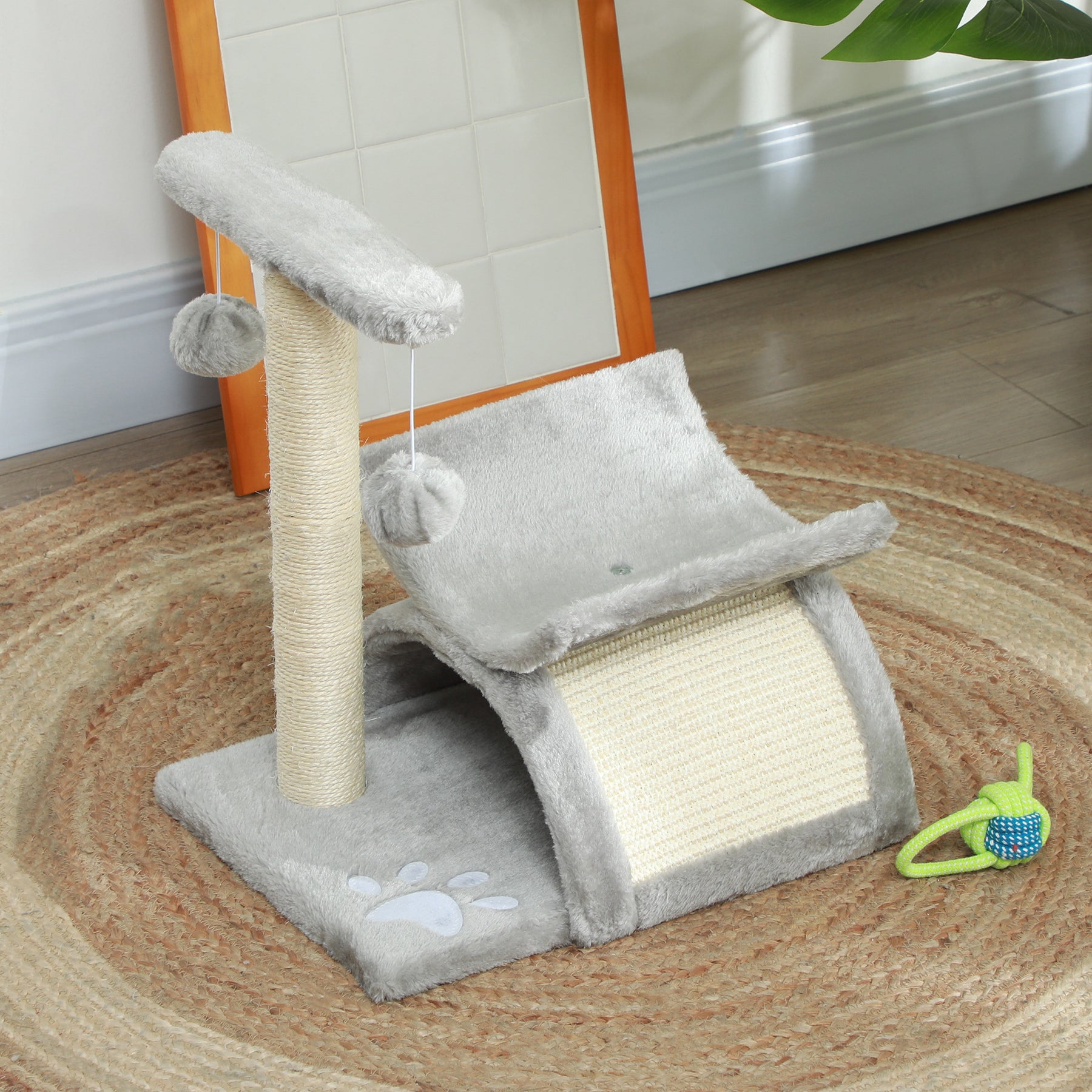 Kitten Activity Tree with Sisal Scratching Posts, Compact Cat Play Tower with Rotating Bar, Tunnel, Grey