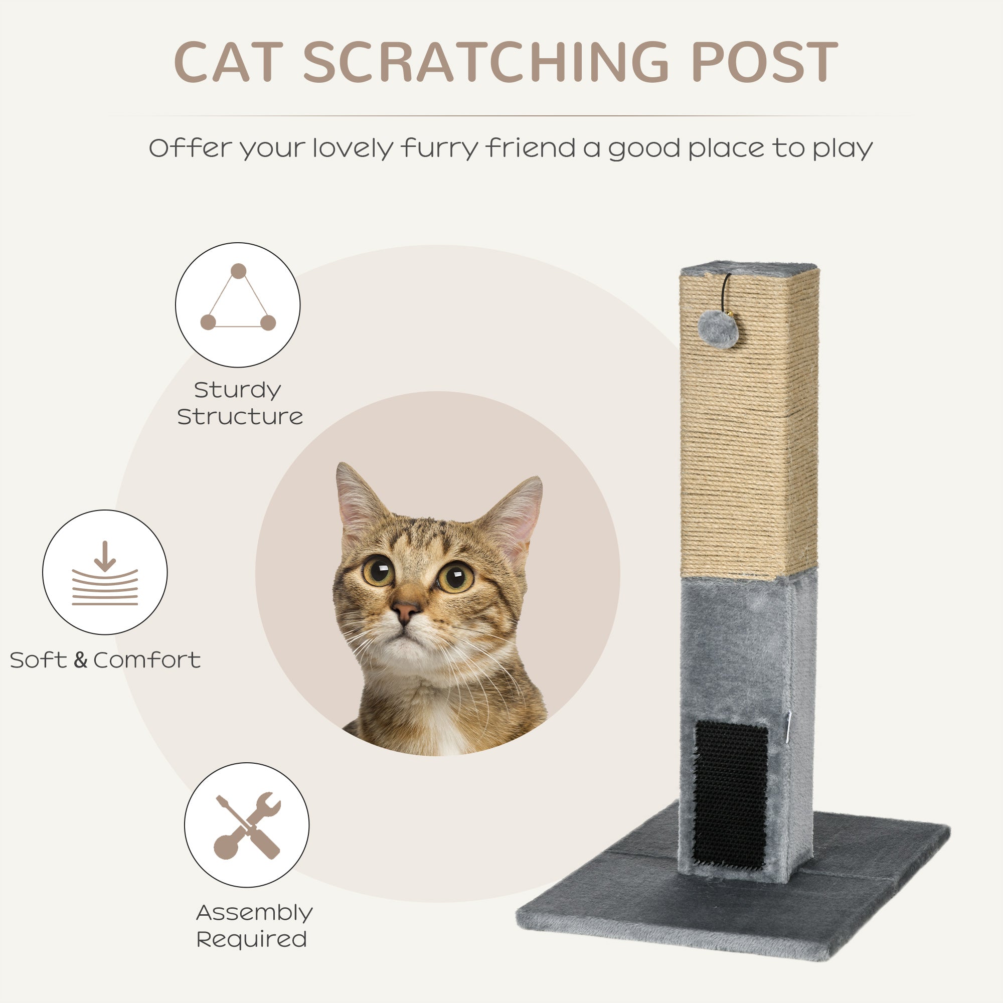 Cat Scratching Post, 79cm Tall with Jute Scratcher and Climbing Activity Centre, Carpet Base and Dangling Ball, Grey