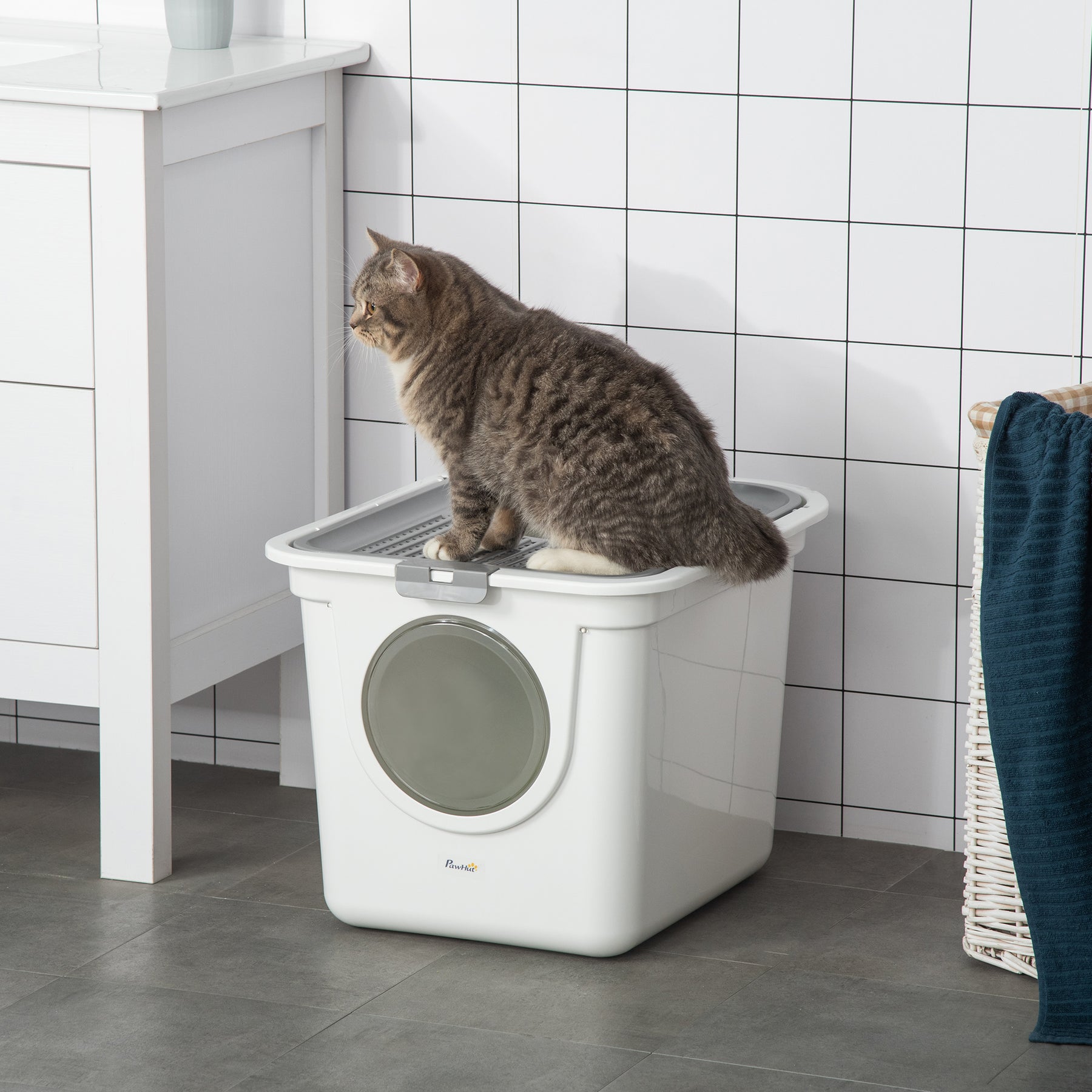 Cat Litter Box Furniture Enclosed Cat Box, Easy and Fast Cleaning, Front Entry Top Exit, White