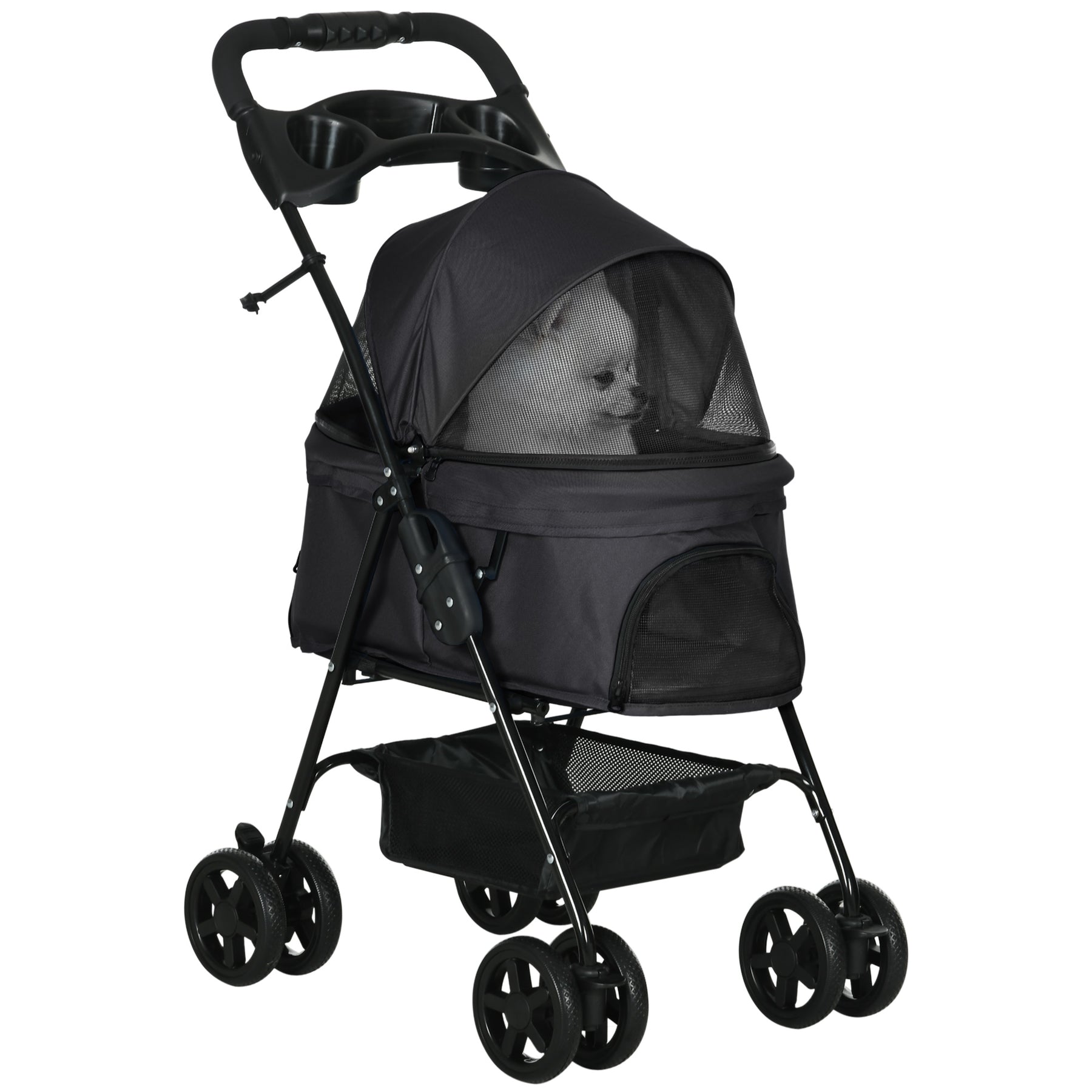 Pet Stroller, Foldable Cat Dog Pushchair, Pet Travel Carriage with 4 Wheels, Adjustable Canopy, for Small Dogs, Black