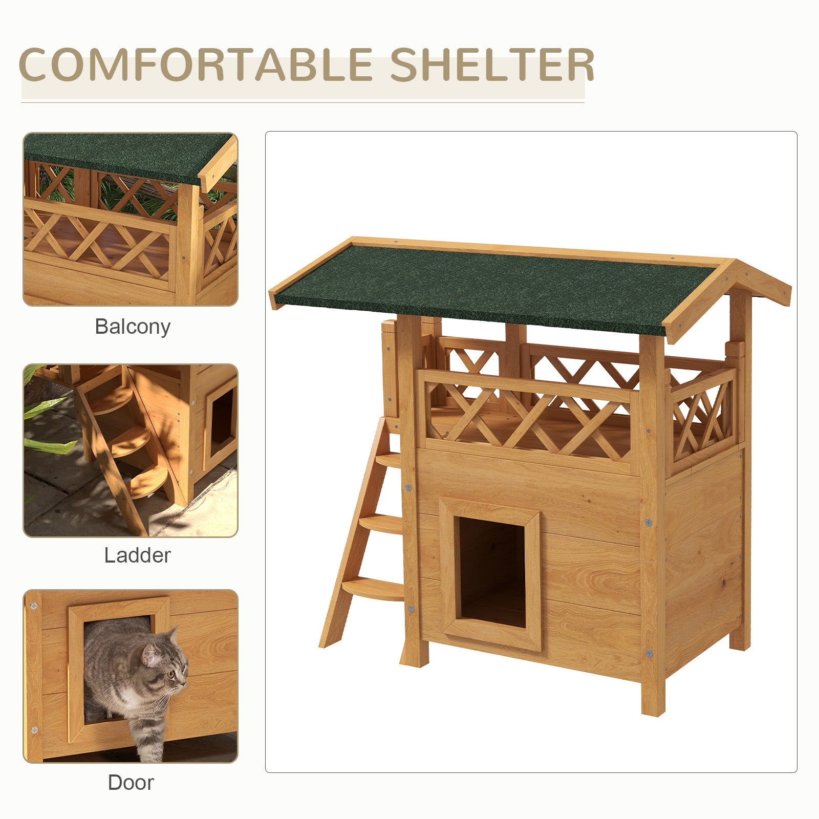 Cat House Outdoor w/ Balcony Stairs Roof, Natural