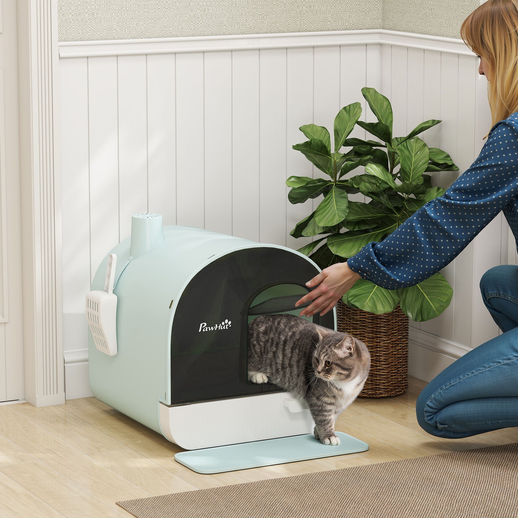 Hooded Cat Litter Box, Enclosed Kitten Litter Tray with Scoop, Filter & Flap Door, Green
