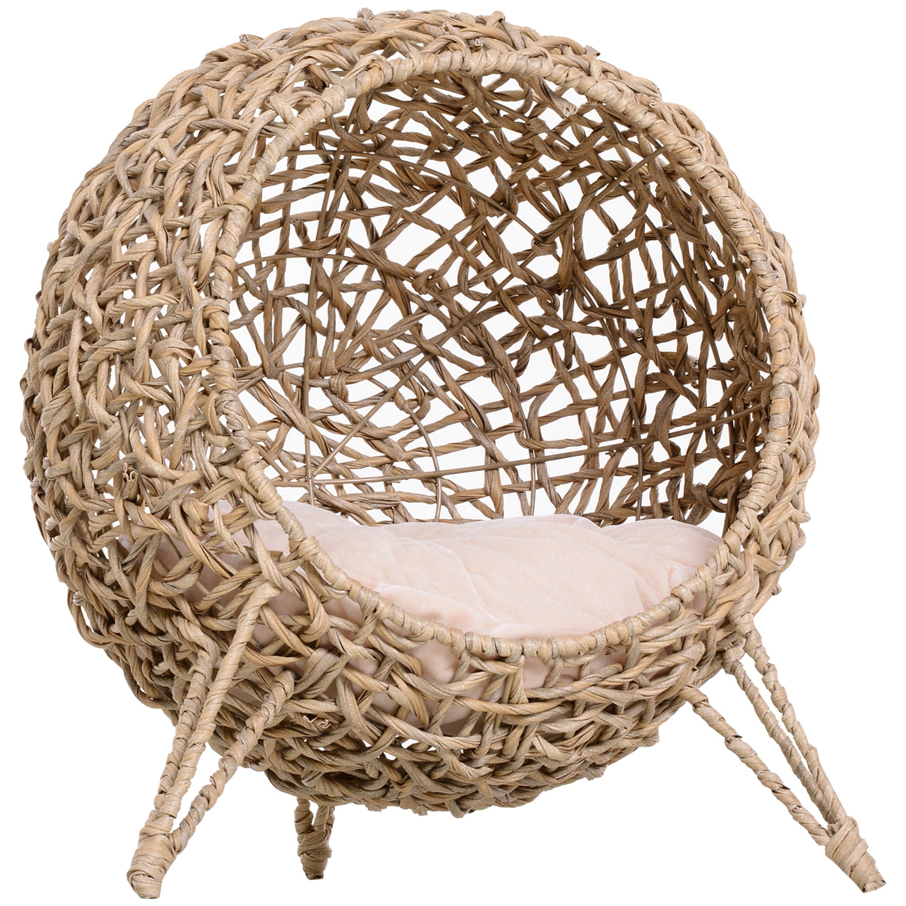 Cat Hammock Rattan Cat House Ball-Shaped Cat Bed with Hand-Woven PE, Cushion & Three-Legged Base, Natural Wood Finish