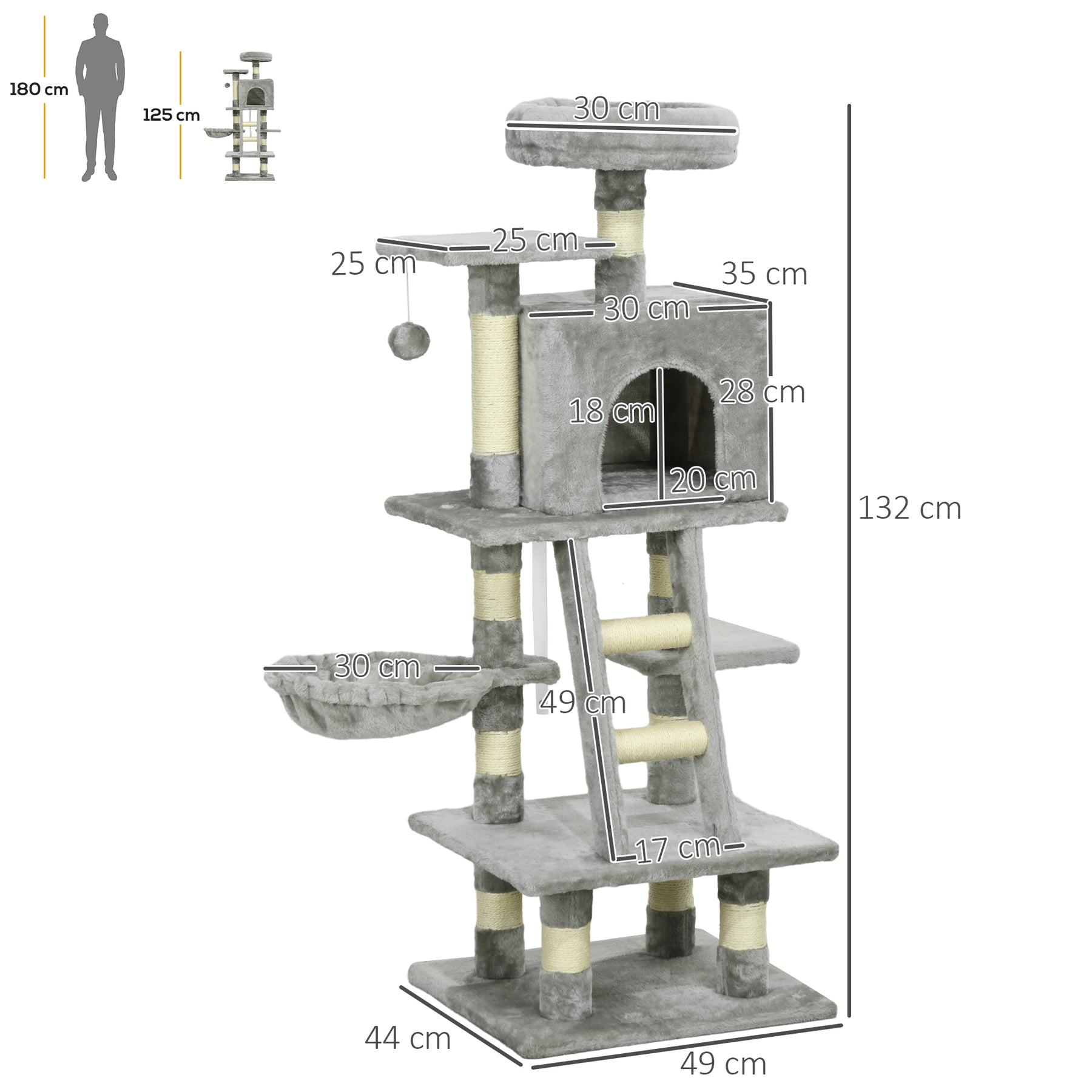 Cat Tree with Scratching Post, House, Hammock, Grey