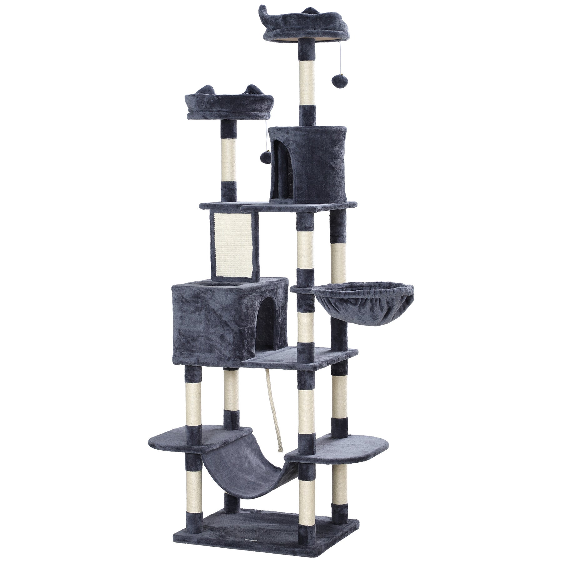 Cat Tree, Multi-Level Cat Tower with Scratching Posts and Board, Beds, Condos, Platforms, Toy Balls, Dark Grey