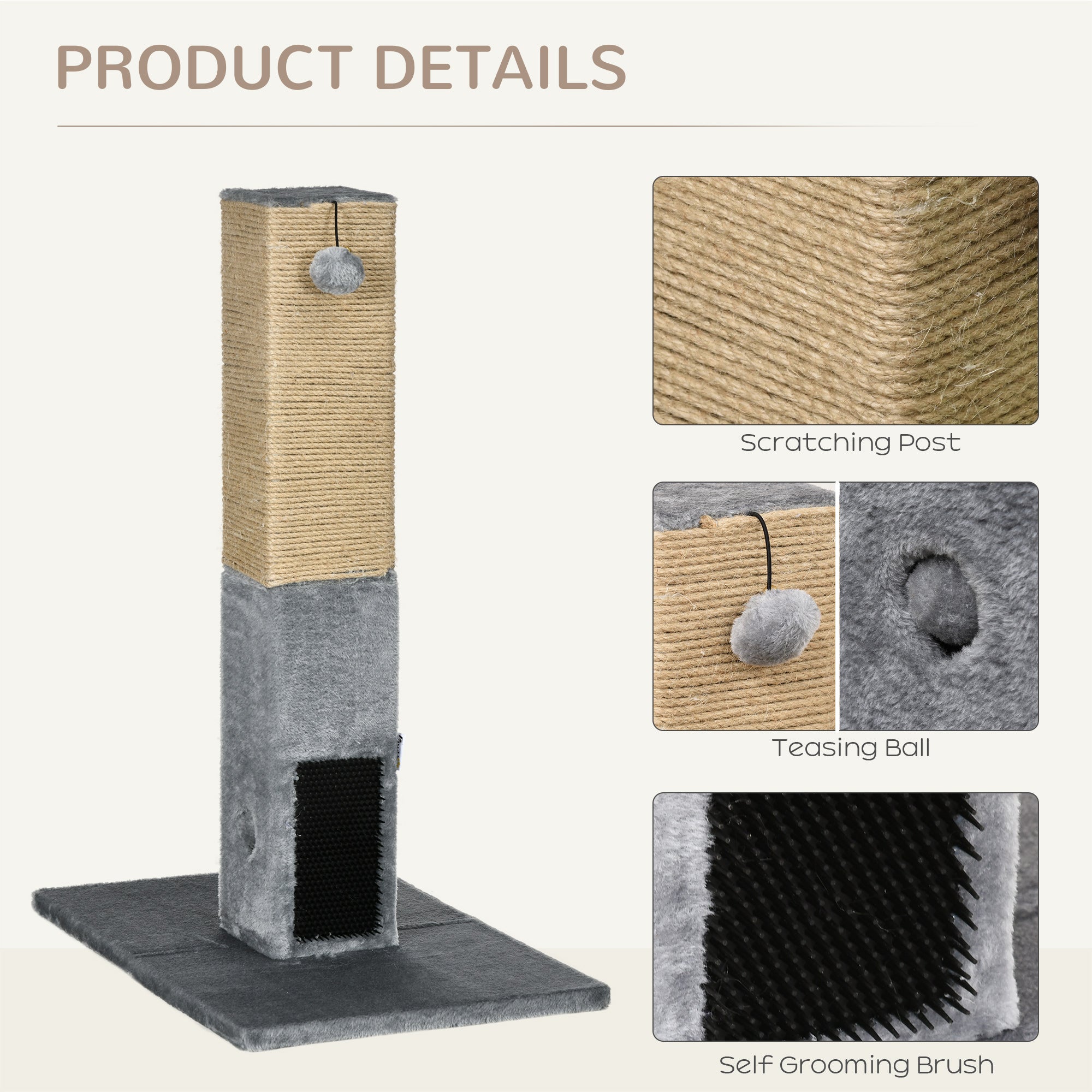 Cat Scratching Post, 79cm Tall with Jute Scratcher and Climbing Activity Centre, Carpet Base and Dangling Ball, Grey