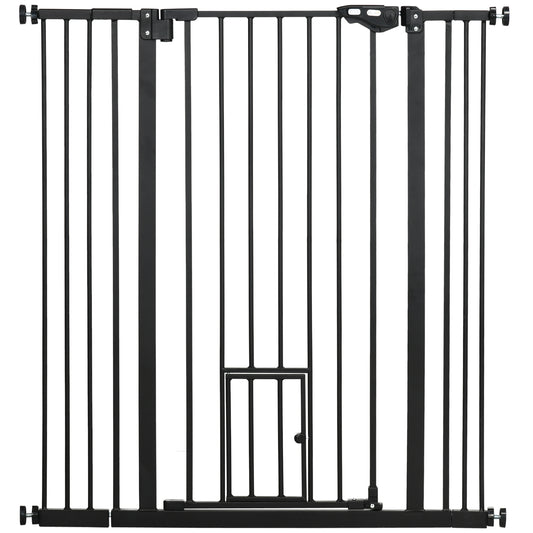 PawHut Extra Tall Pet Gate, Indoor Dog Safety Gate, with Cat Flap, Auto Close, 74-101cm Wide - Black PawHut Default Title