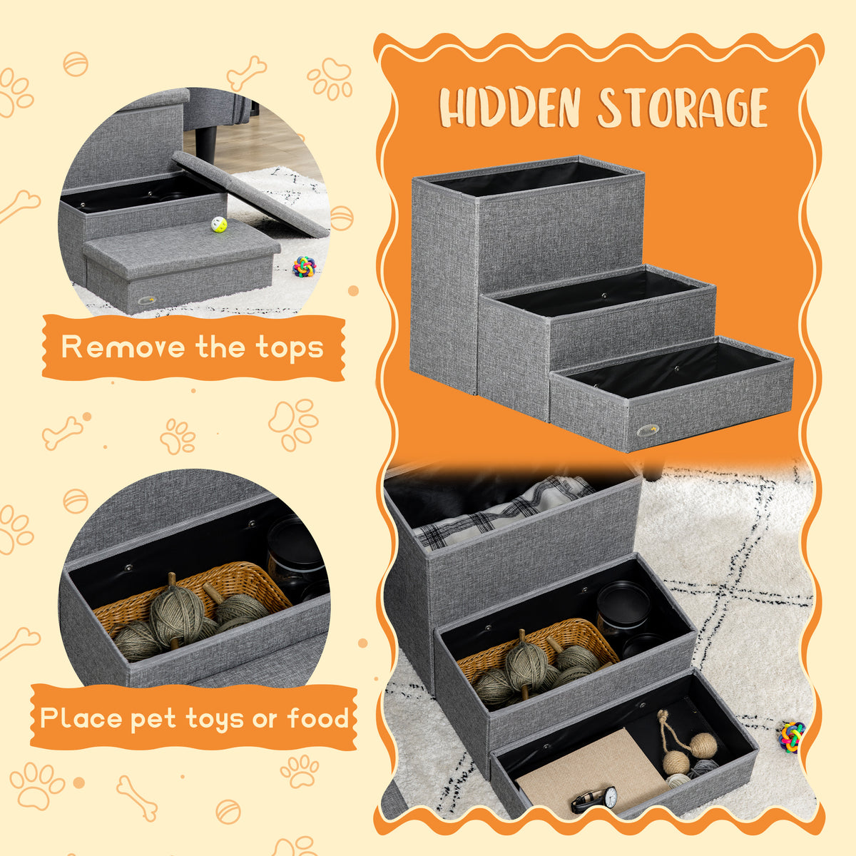 PawHut 3 Steps Pet Stairs, with Storage Boxes, for Bed, Couches - Grey PawHut