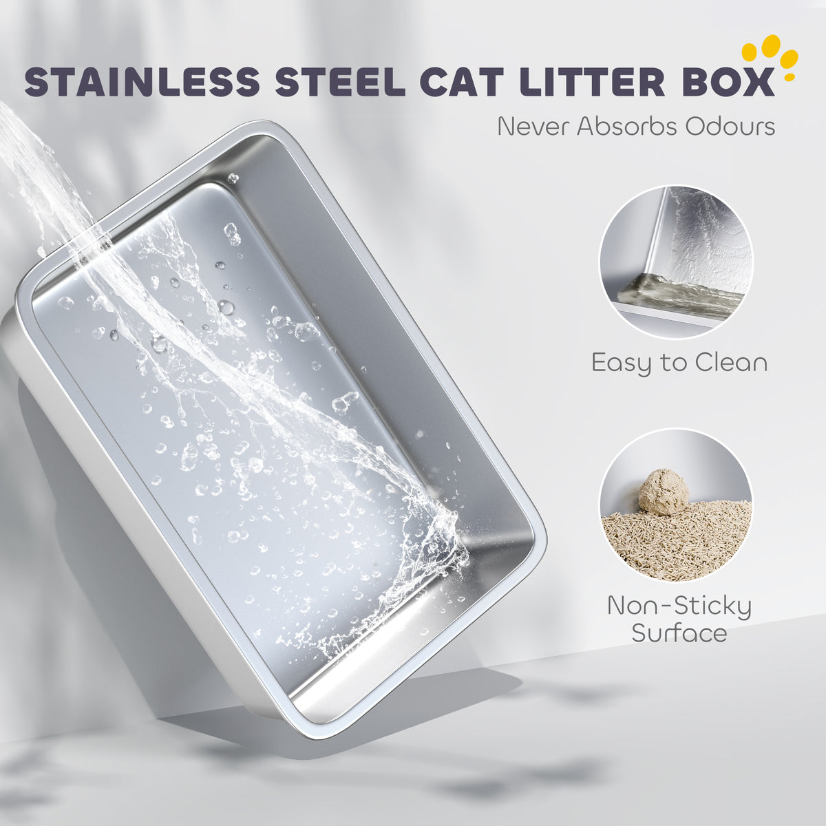 PawHut XXL Stainless Steel Cat Litter Box with High Sides, Metal Scoop, 70 x 50 x 30 cm PawHut