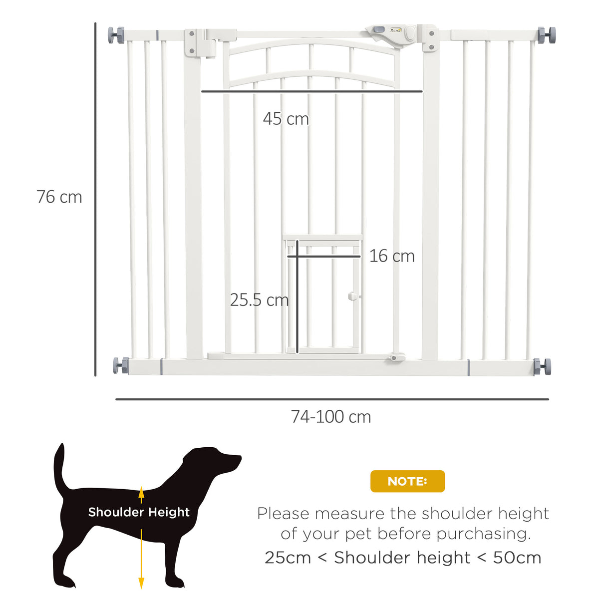 PawHut Pressure Fit Stair Dog Gate w/ Small Cat Door, Automatic Closing Door, Double Locking, for 74-100cm Openings - White PawHut