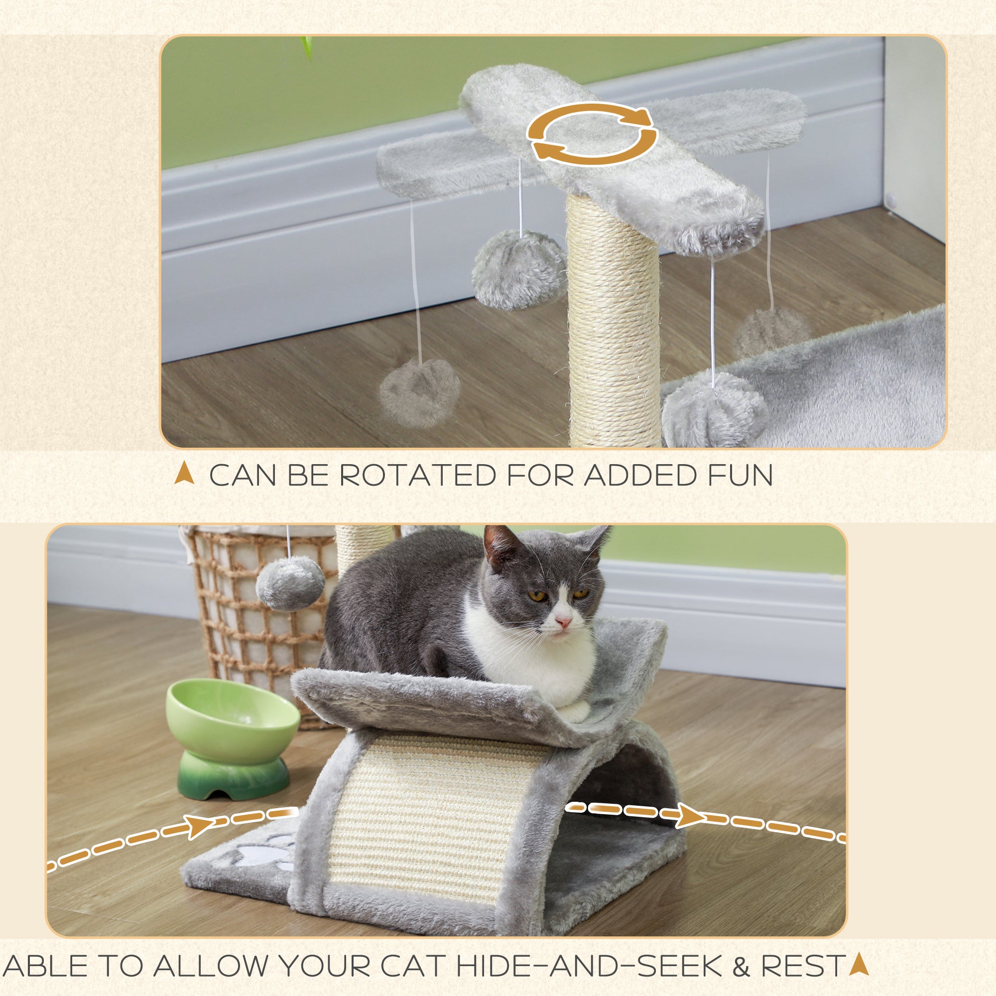 Kitten Activity Tree with Sisal Scratching Posts, Compact Cat Play Tower with Rotating Bar, Tunnel, Grey