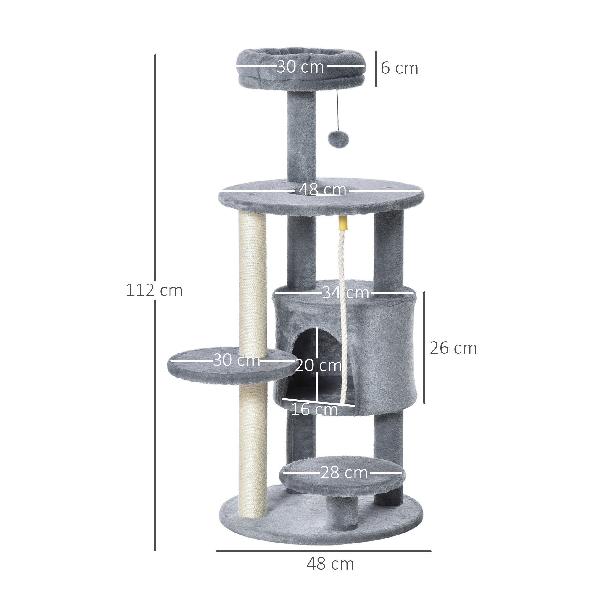 Cat Tree Tower with Jute Scratching Post, Perch, Hanging Ball, Teasing Rope for Climbing Kittens, Dark Grey