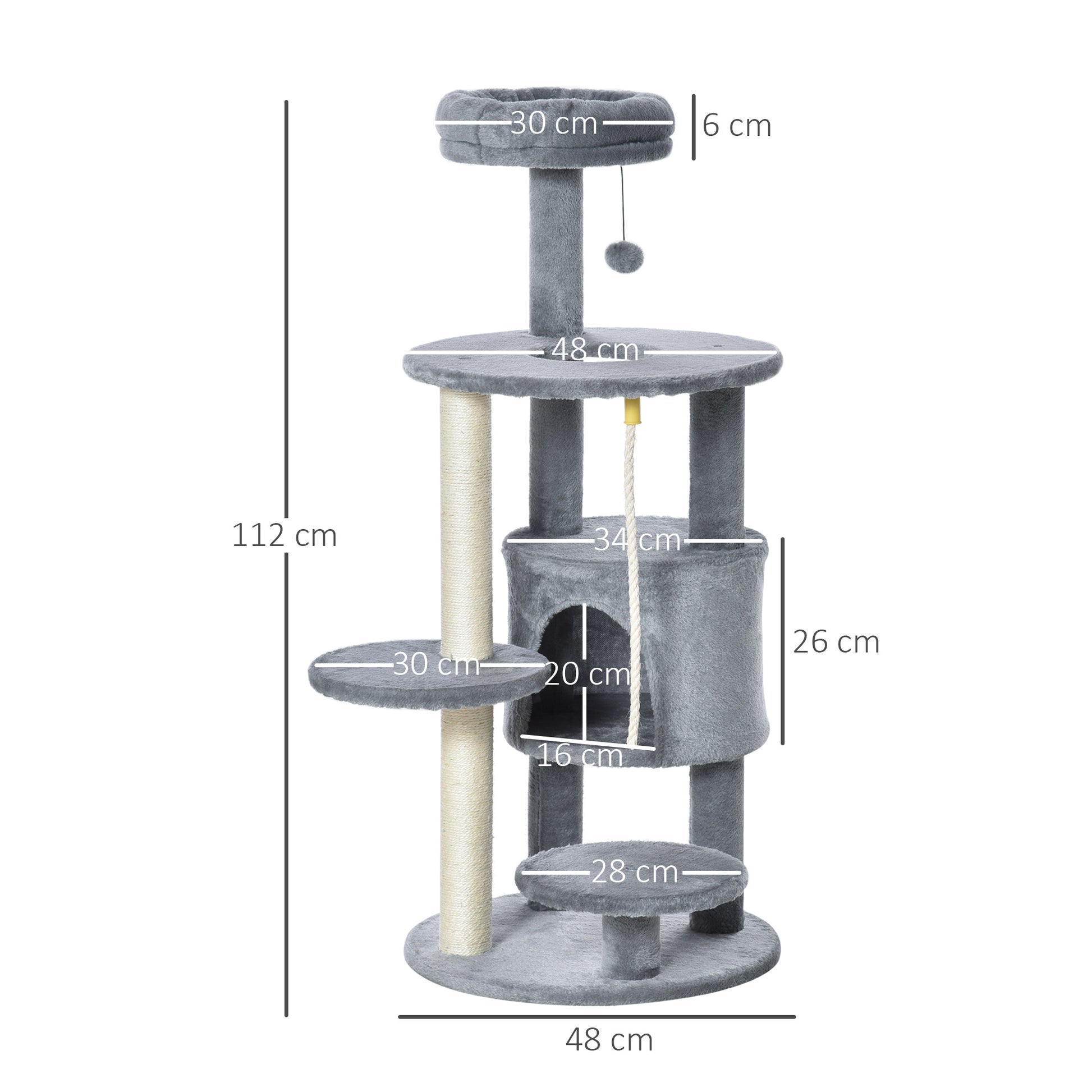 Cat Tree Tower With Jute Scratching Post Perch Hanging Ball Aosom UK