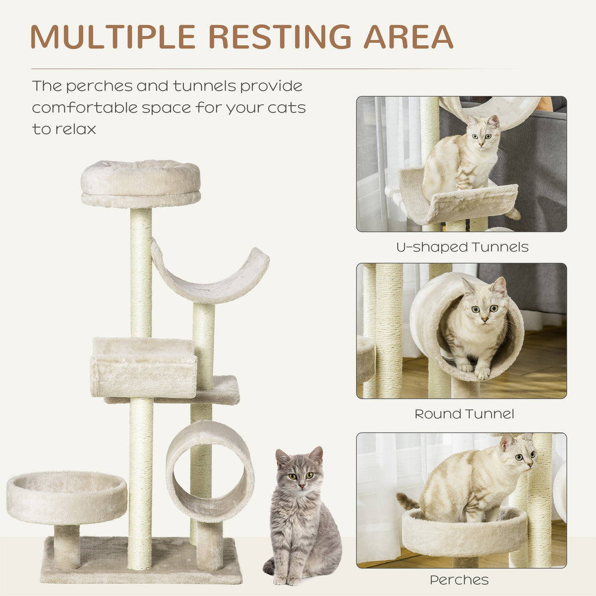 PawHut 105cm Cat Tree with Tunnel, Scratching Posts & Perch – Beige Cat Trees & Towers PawHut