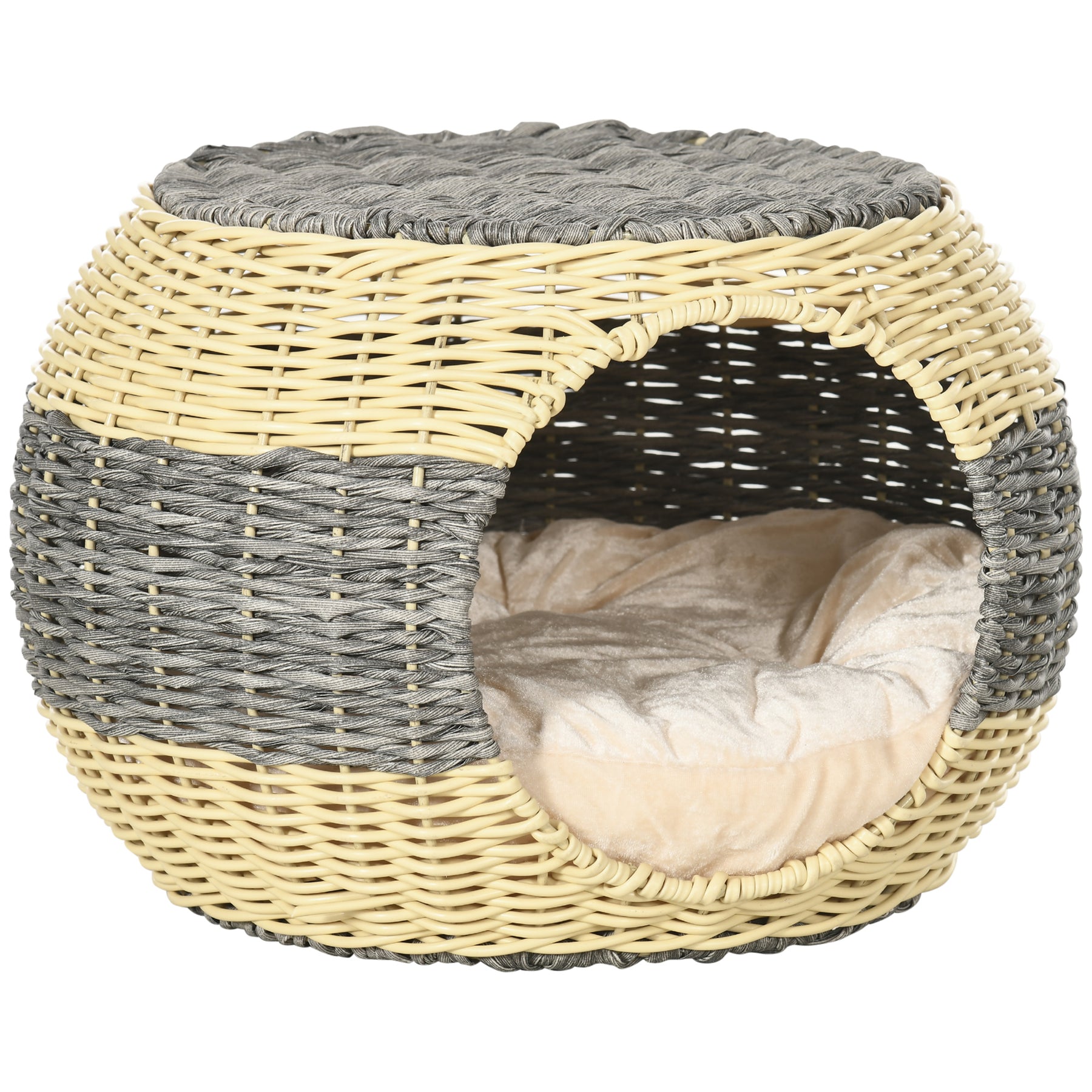 Wicker Cat Bed, Rattan Raised Cosy Kitten Cave, with Soft Washable Cushion