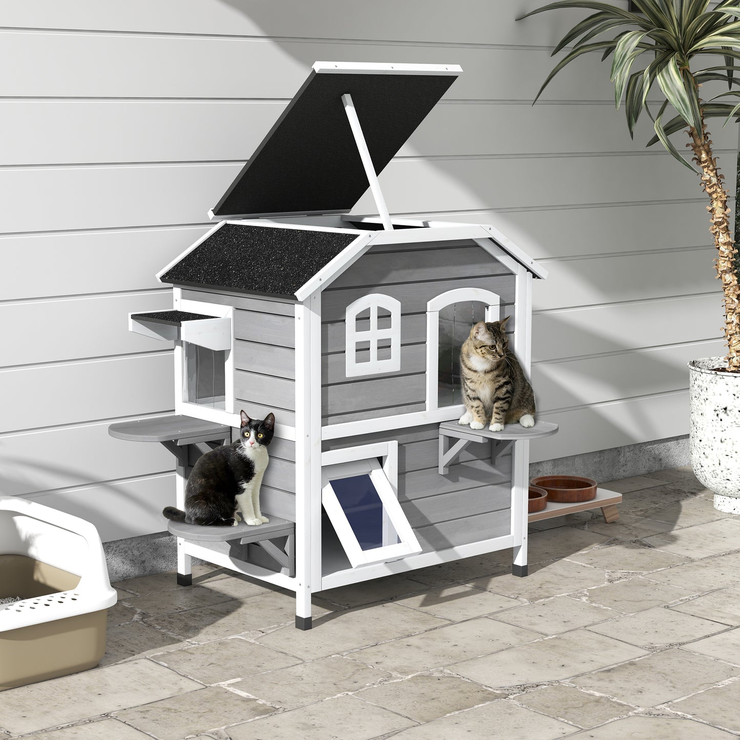 Solid Wood Cat Condos Pet House Water Proof Outdoor 2 Floor Aosom UK