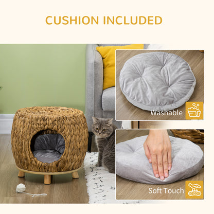 PawHut Wicker Cat Bed Cat House Stool with Washable Cushion, 44 x 43 x 41cm PawHut