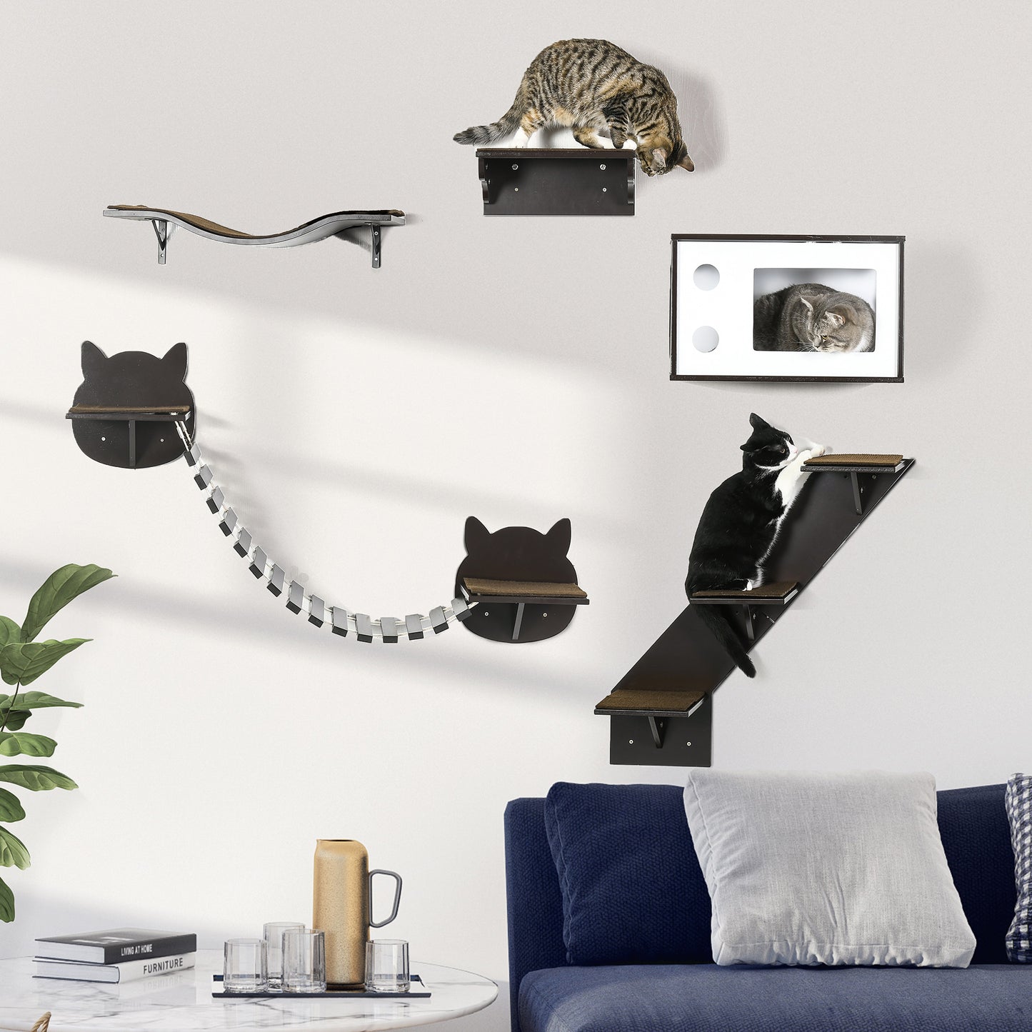 5 Pieces Cat Wall Shelves With Curved Platform Condo Bridge Aosom UK