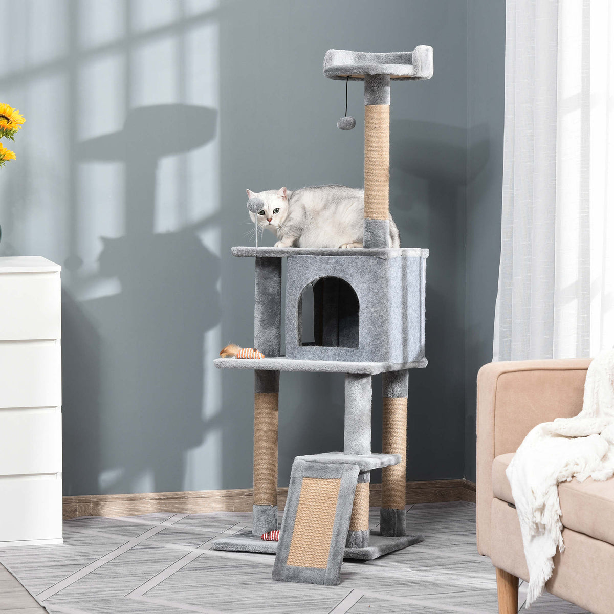 PawHut 142cm Cat Tree with Jute Scratching Posts, Platform & Hanging Toy – Grey Cat Trees & Towers PawHut