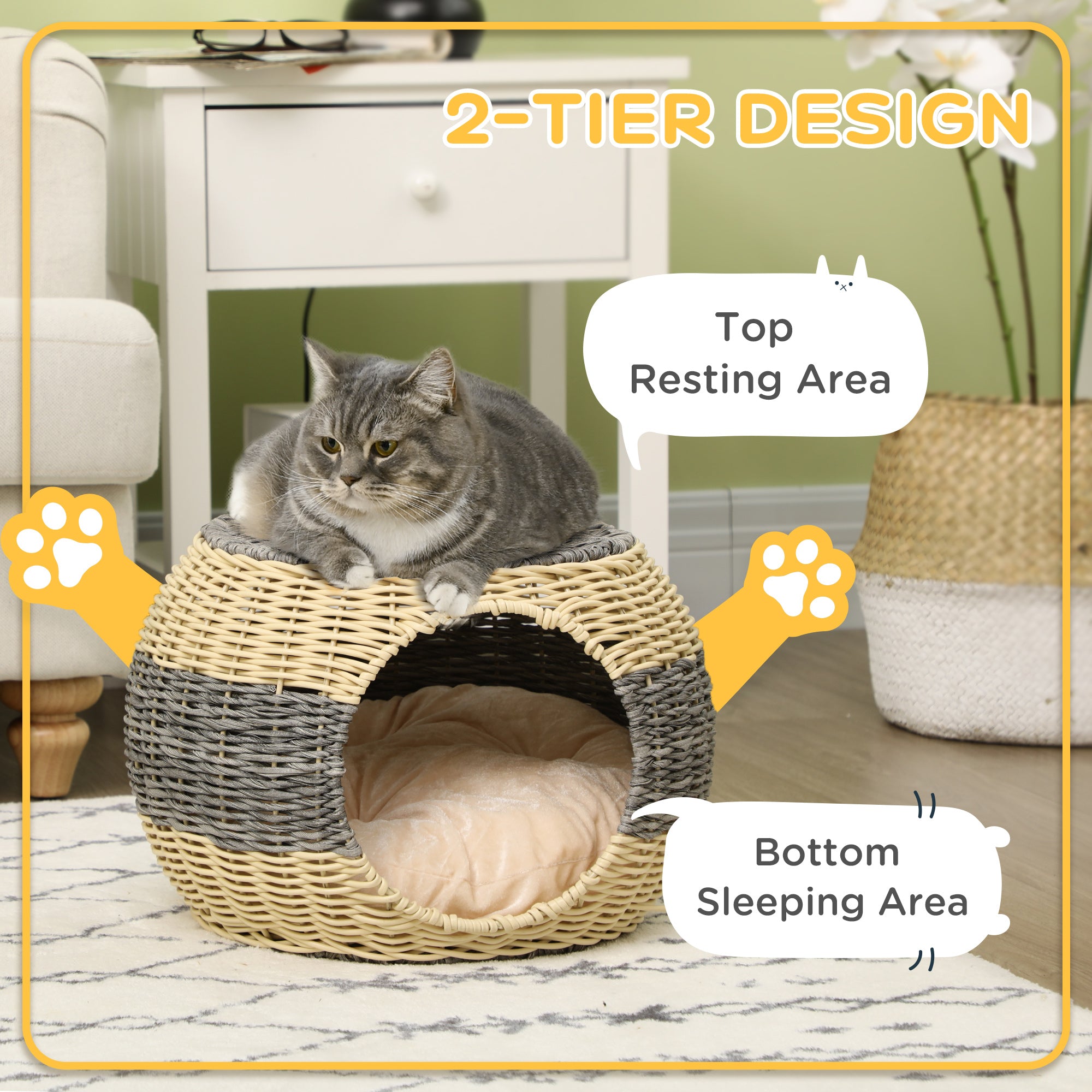 Wicker Cat Bed, Rattan Raised Cosy Kitten Cave, with Soft Washable Cushion