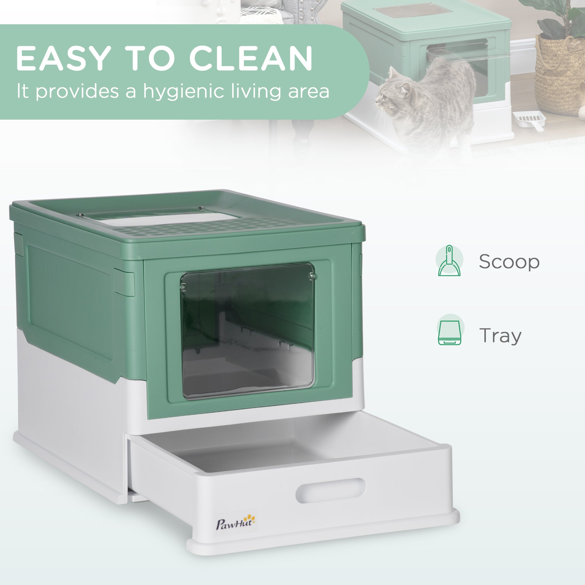 Enclosed Cat Litter Box with Scoop, Front Entry & Top Exit, Spacious Portable Pet Toilet, Green