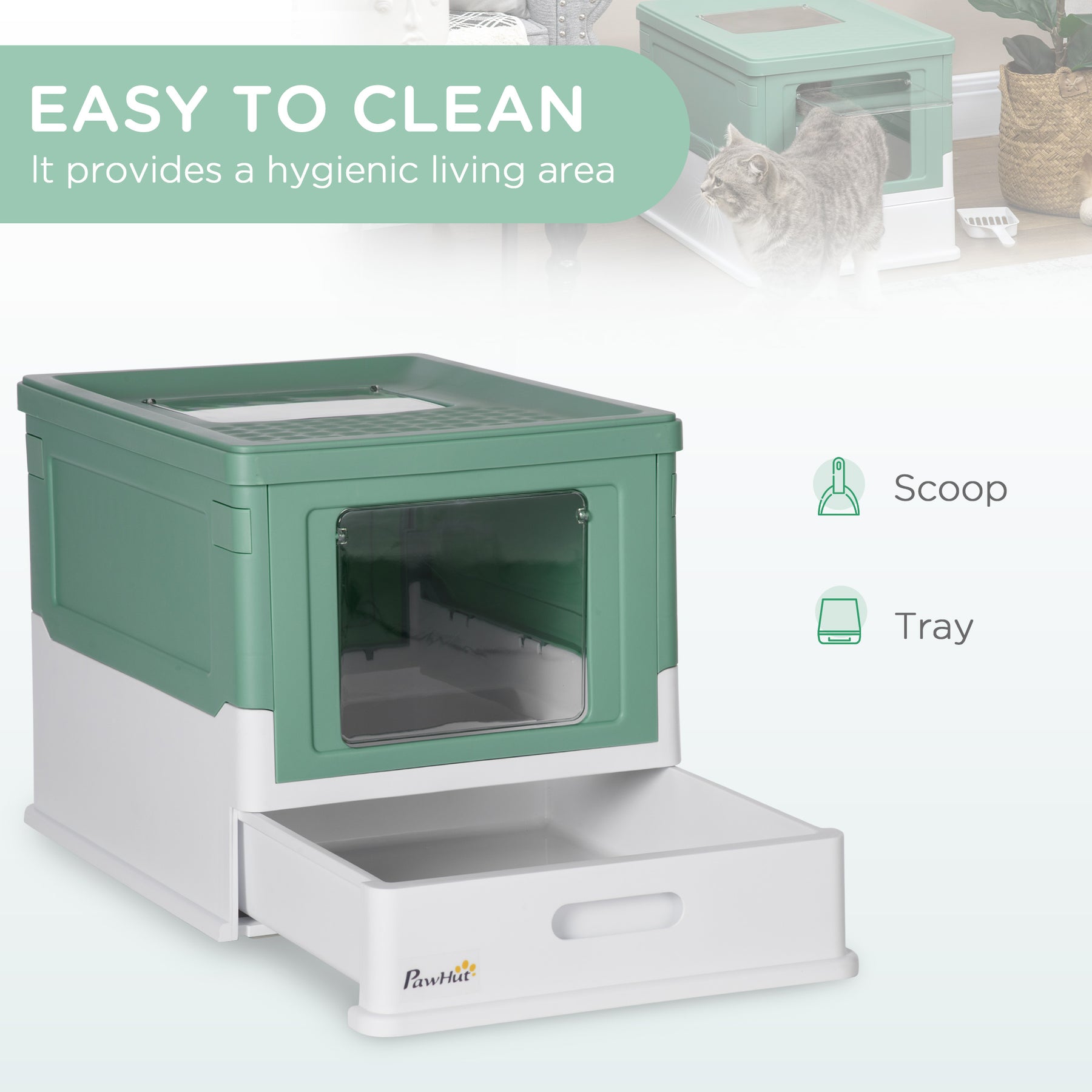 Enclosed Cat Litter Box with Scoop, Front Entry & Top Exit, Spacious Portable Pet Toilet, Green