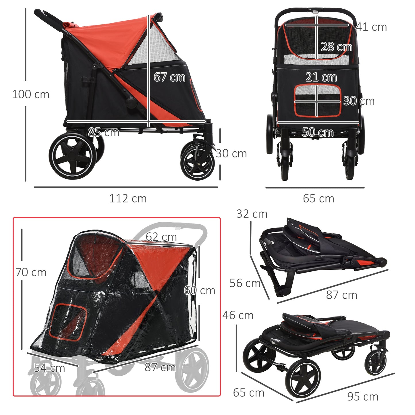 One Click Foldable Pet Travel Stroller With Rain Cover Cat Aosom UK