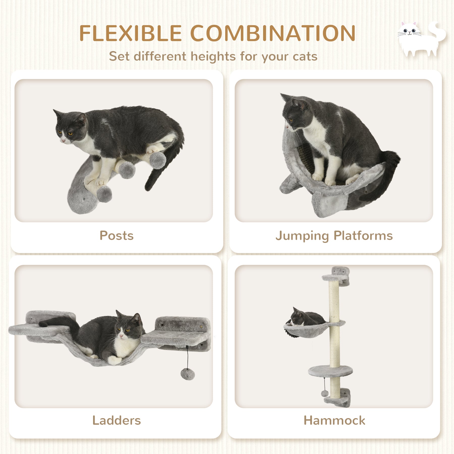 4-Piece Cat Wall Furniture, Grey