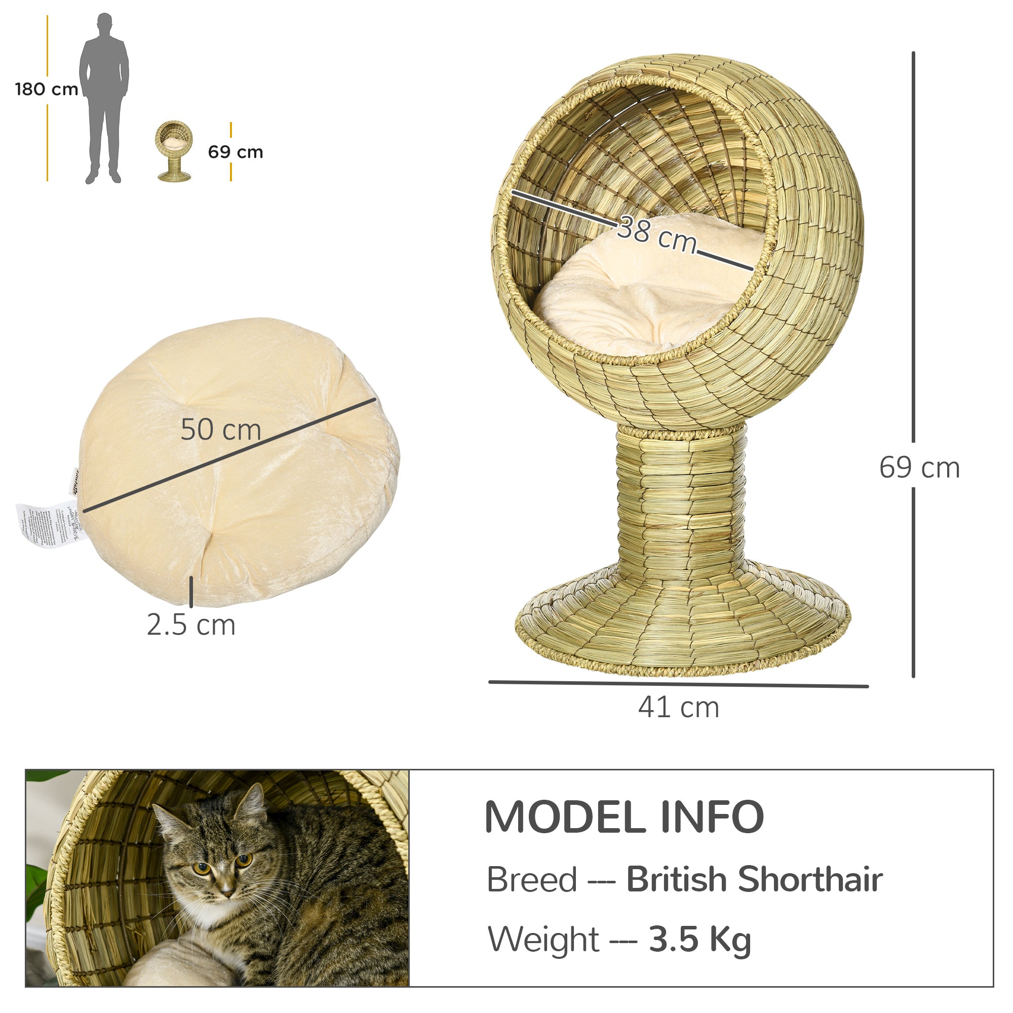 Cat House Elevated, Natural Mat Grass Bed, Round Kitten Cave with Cushion, Detachable Top, Yellow
