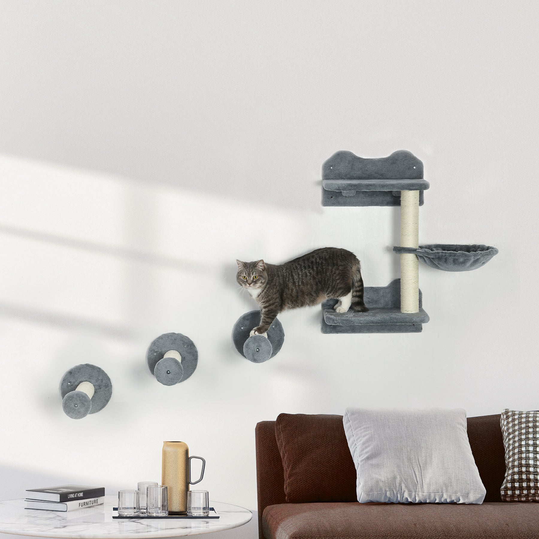 Wall-Mounted Cat Shelf Set, 4-Piece with Scratching Post, Space-Saving Design for Indoor Cats, Grey