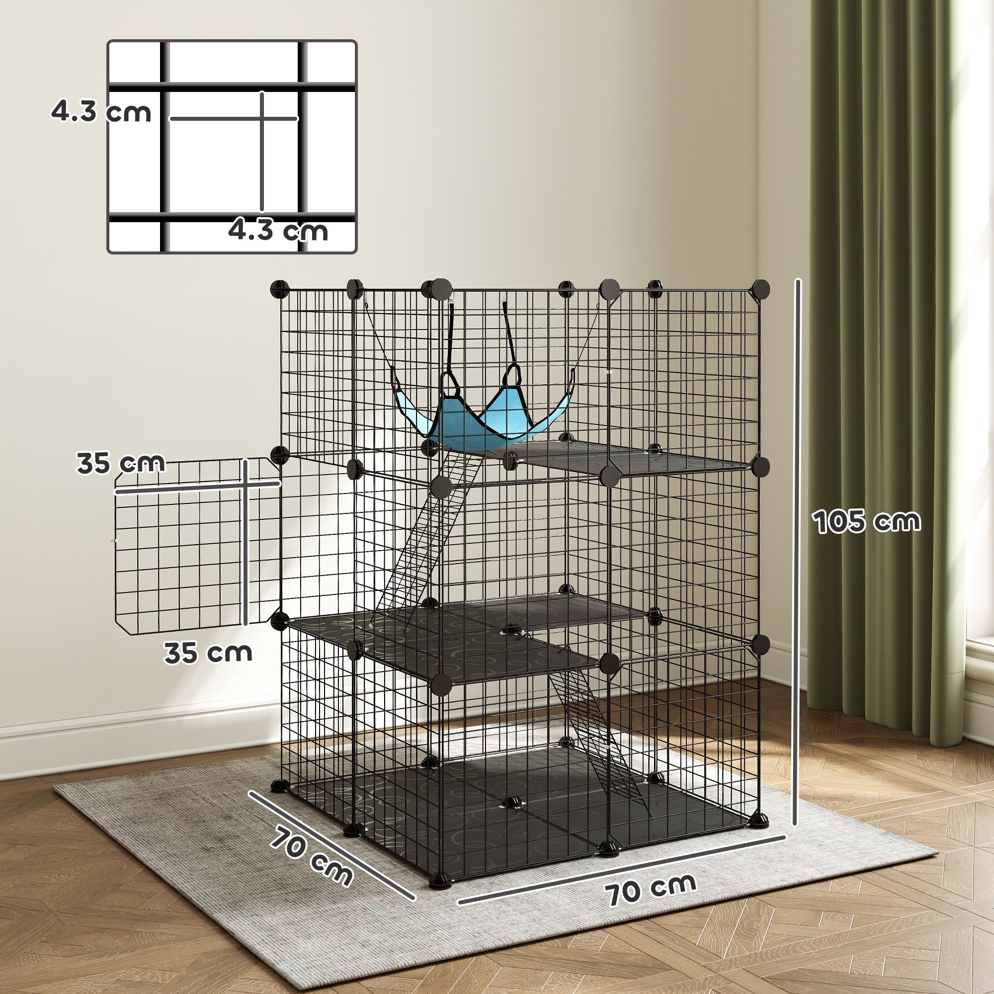 Indoor Cat Cage DIY Customizable 3-Tier Indoor Cat Enclosure with 3 Doors and Hammock  Black