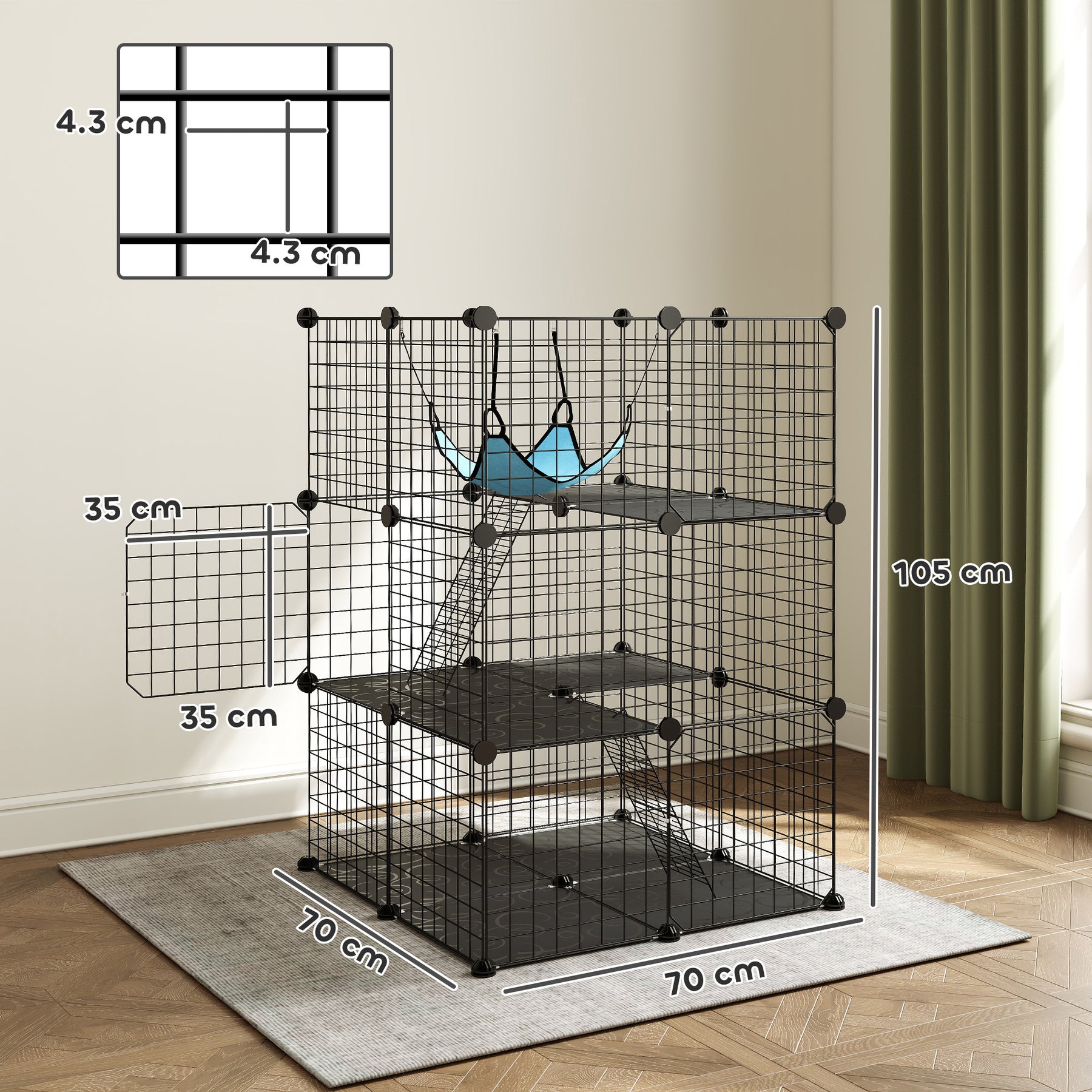 Indoor Cat Cage DIY Customizable 3-Tier Indoor Cat Enclosure with 3 Doors and Hammock  Black