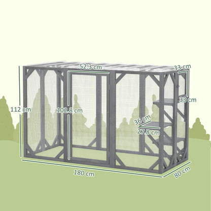 Outdoor Wooden Cat House with 3 Platforms, Large Door and Weatherproof Roof, for Multiple Cats, Grey