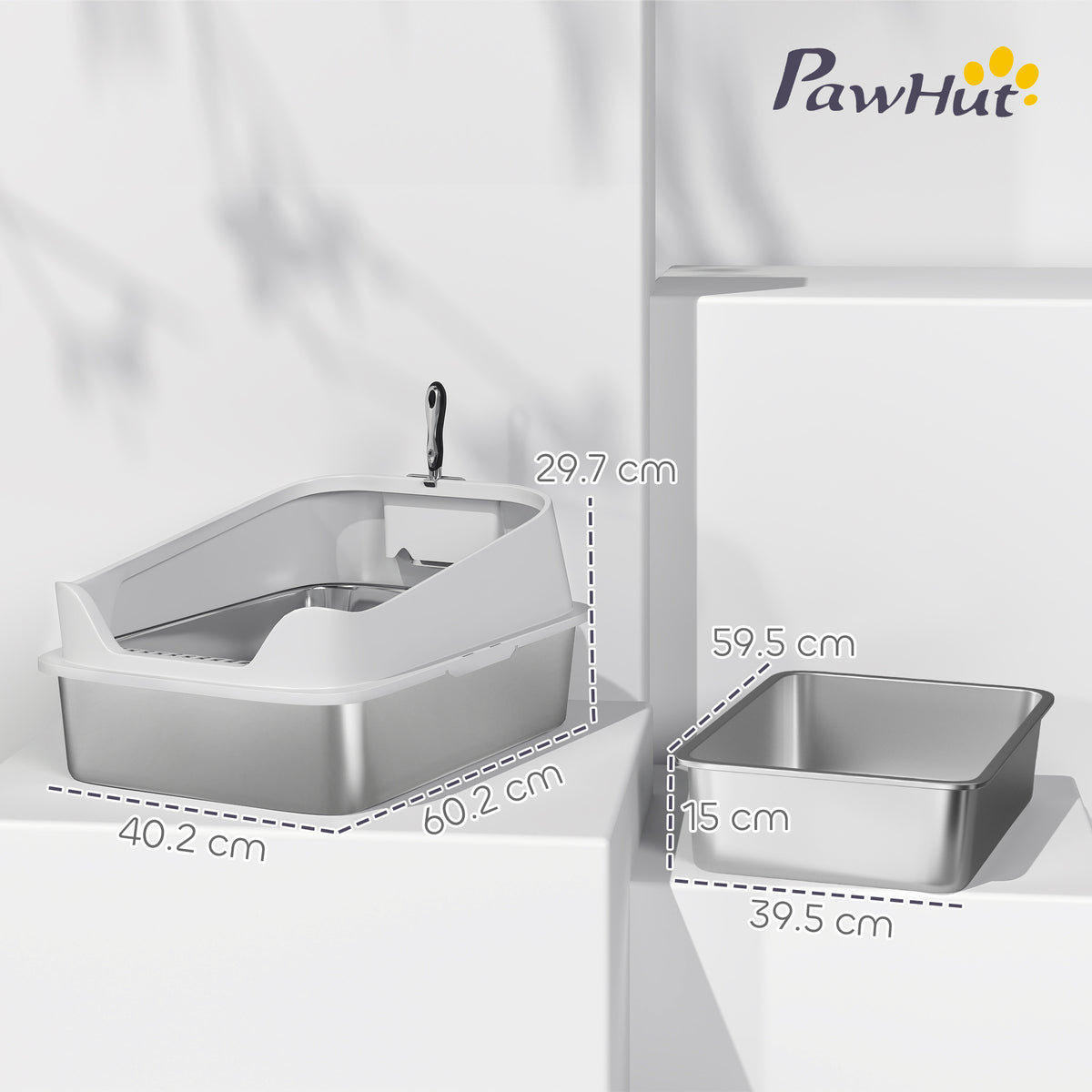 PawHut XL Stainless Steel Cat Litter Box with High Sides, Metal Scoop, 60 x 40 x 30 cm PawHut