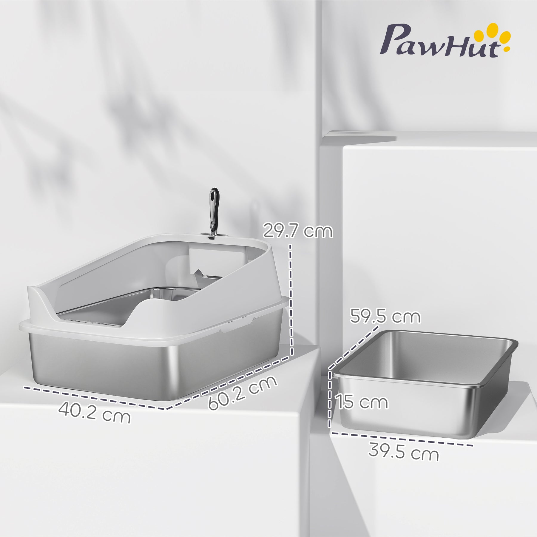 XL Stainless Steel Cat Litter Box with High Sides, Metal Scoop