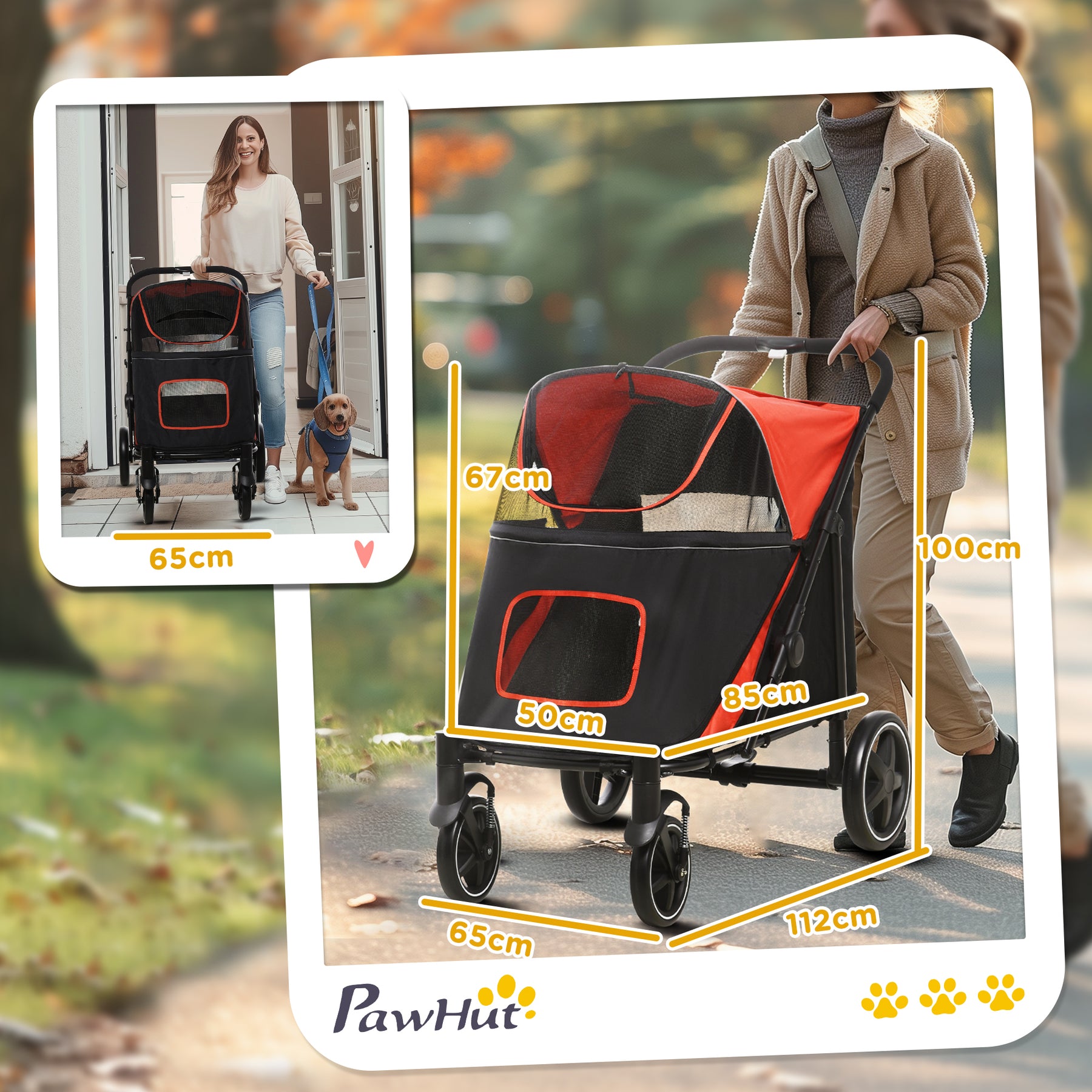 Pet Stroller with Universal Front Wheels, Shock Absorber, One Click Foldable Dog Cat Carriage with Brakes, Storage Bags, Red