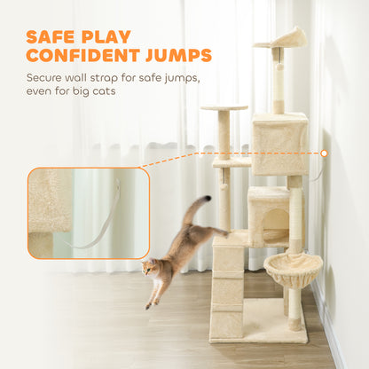 PawHut 180cm Large Cat Tree Tower with Sisal Scratching Posts, Condos, Plush Perches, Hammock, Ladder, Beige PawHut