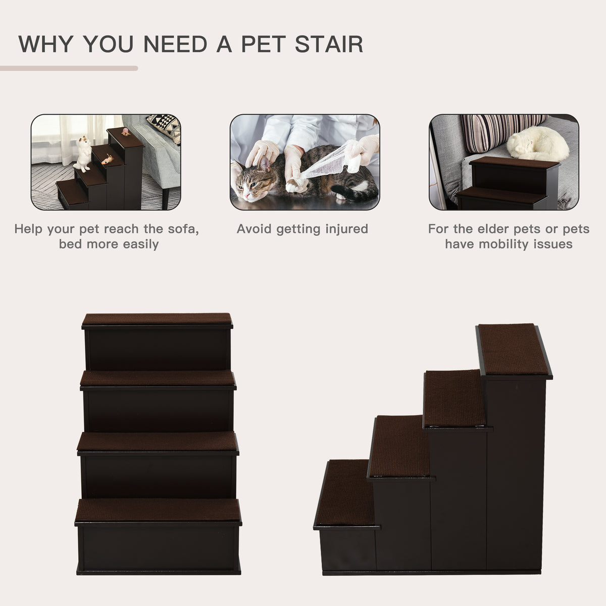 PawHut 4 Step Dog Steps for Bed, Wooden Dog Steps for Sofa, Pet Stairs for Bed Couch with Non-Slip Carpet for Cats and Puppies, 40 x 59 x 54.2 cm, Dark brown PawHut