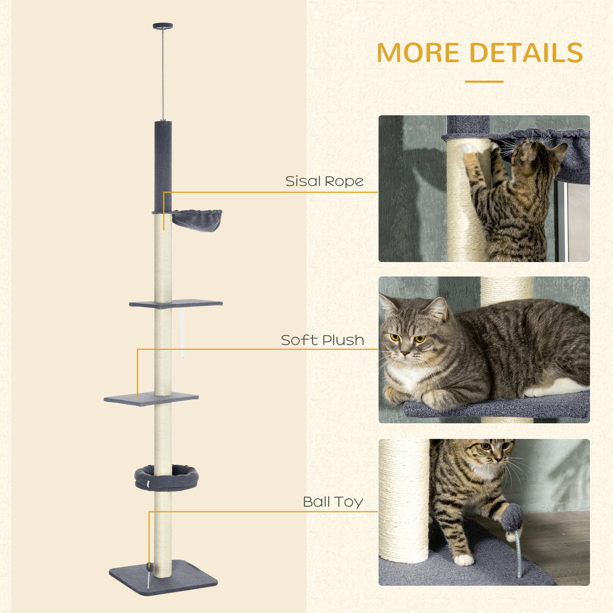 PawHut Floor to Ceiling Cat Tree 240-270cm with Hammock & Bed Floor to Ceiling Cat Trees PawHut