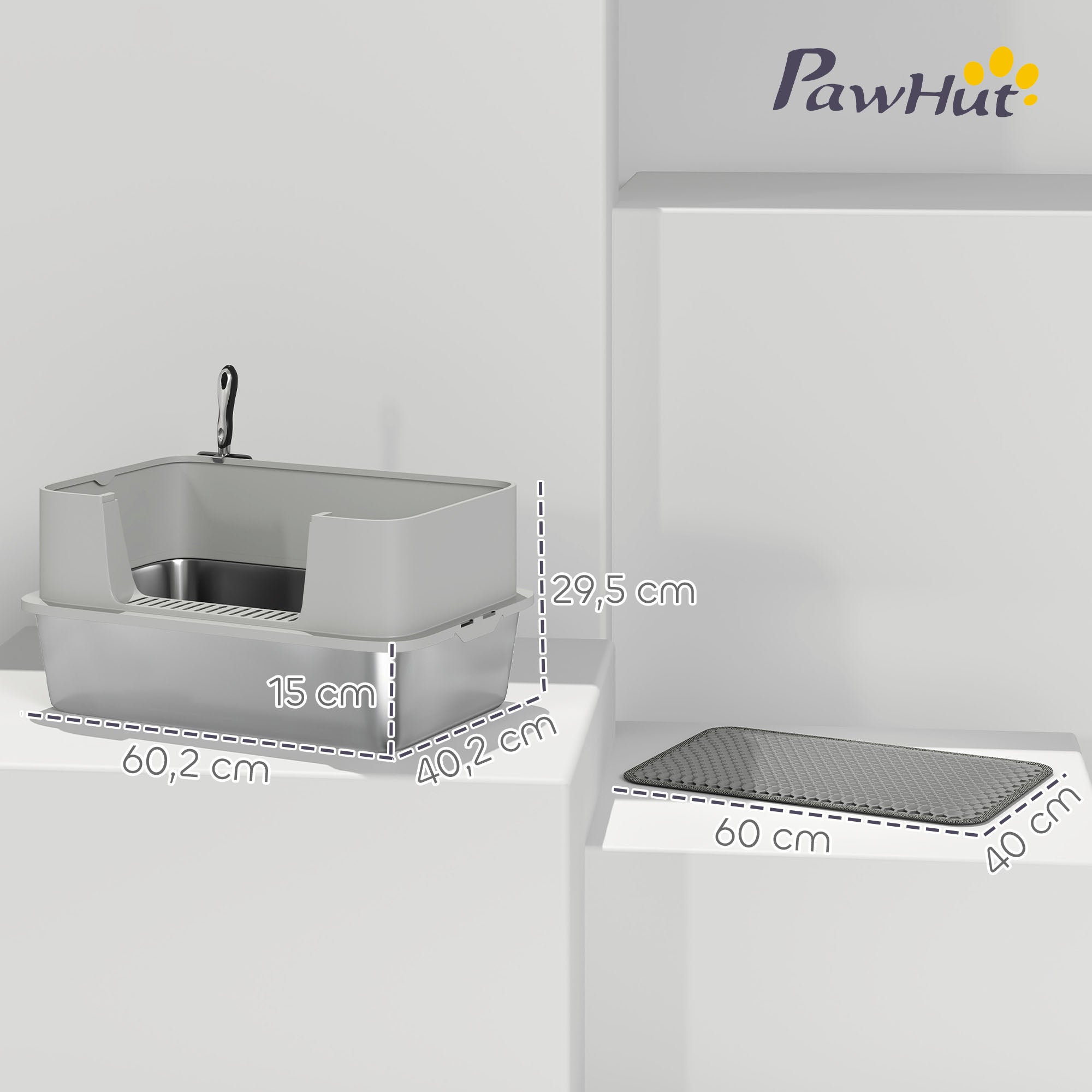 High Sided Stainless Steel Litter Box, Metal Cat Litter Tray with Scoop, Litter Mat, Never Absorbs Odors, Grey