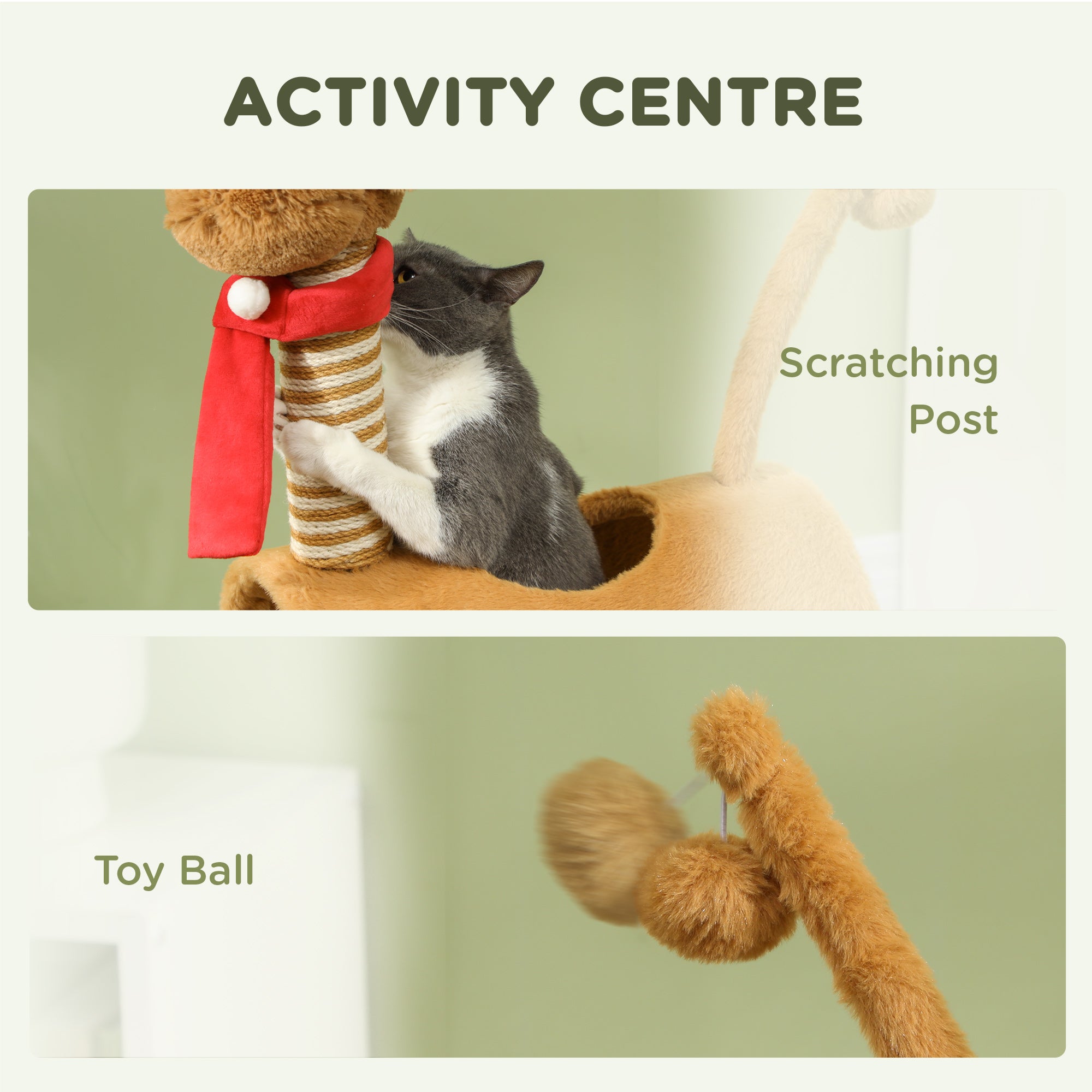 Deer Themed Cat Tree with Scratching Posts, Toy Ball, Tunnel, Brown
