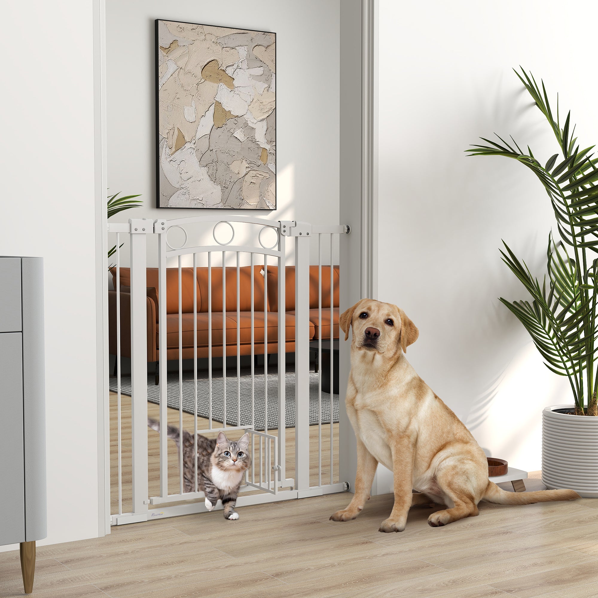 106cm Tall Dog Gate with Cat Door, 7cm and 14cm Extensions, for Stairs, Doorways