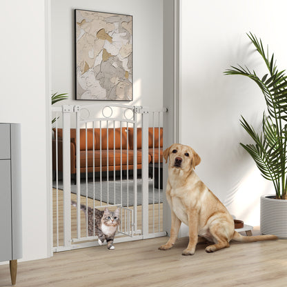 PawHut 106cm Tall Dog Gate with Cat Door, 7cm and 14cm Extensions, for Stairs, Doorways, 76-104cm Width PawHut