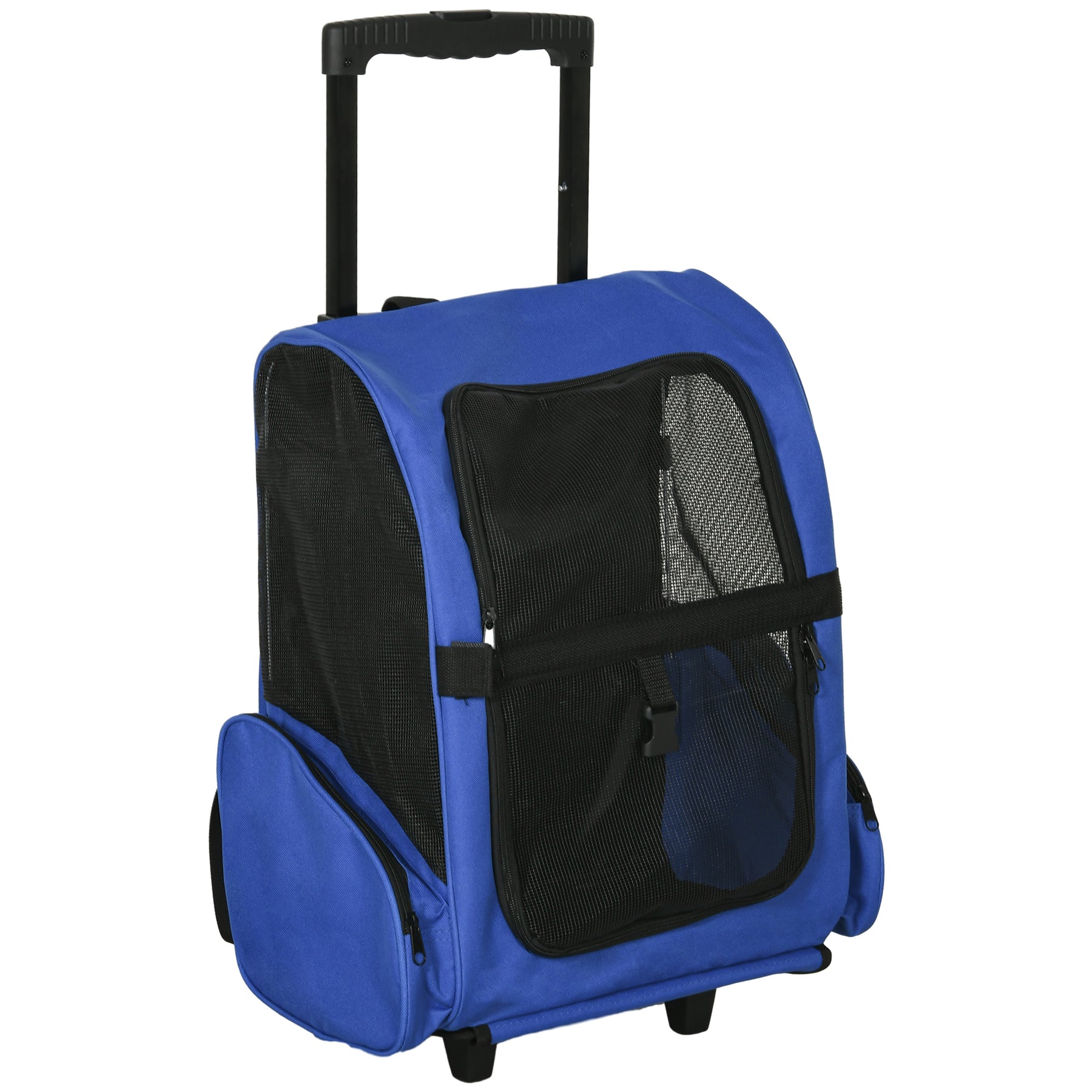 Portable Pet Carrier Backpack with Trolley, Telescopic Handle, Stroller Wheels for Cats & Dogs, Blue
