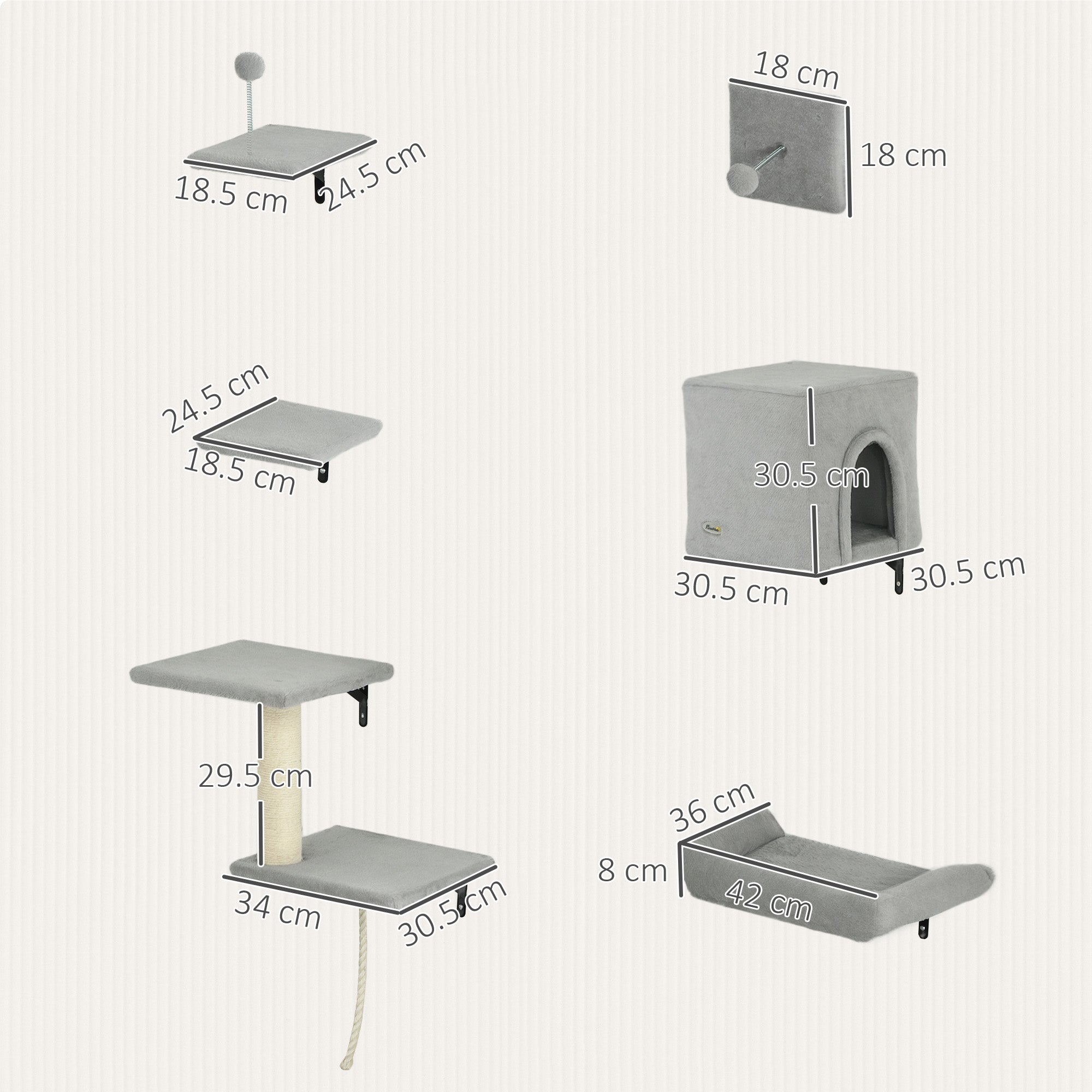 6-Piece Cat Wall Shelves Set with Condo, Cat Wall Furniture with Platforms, Sisal Scratching Post, Bed, Toy Ball, Grey