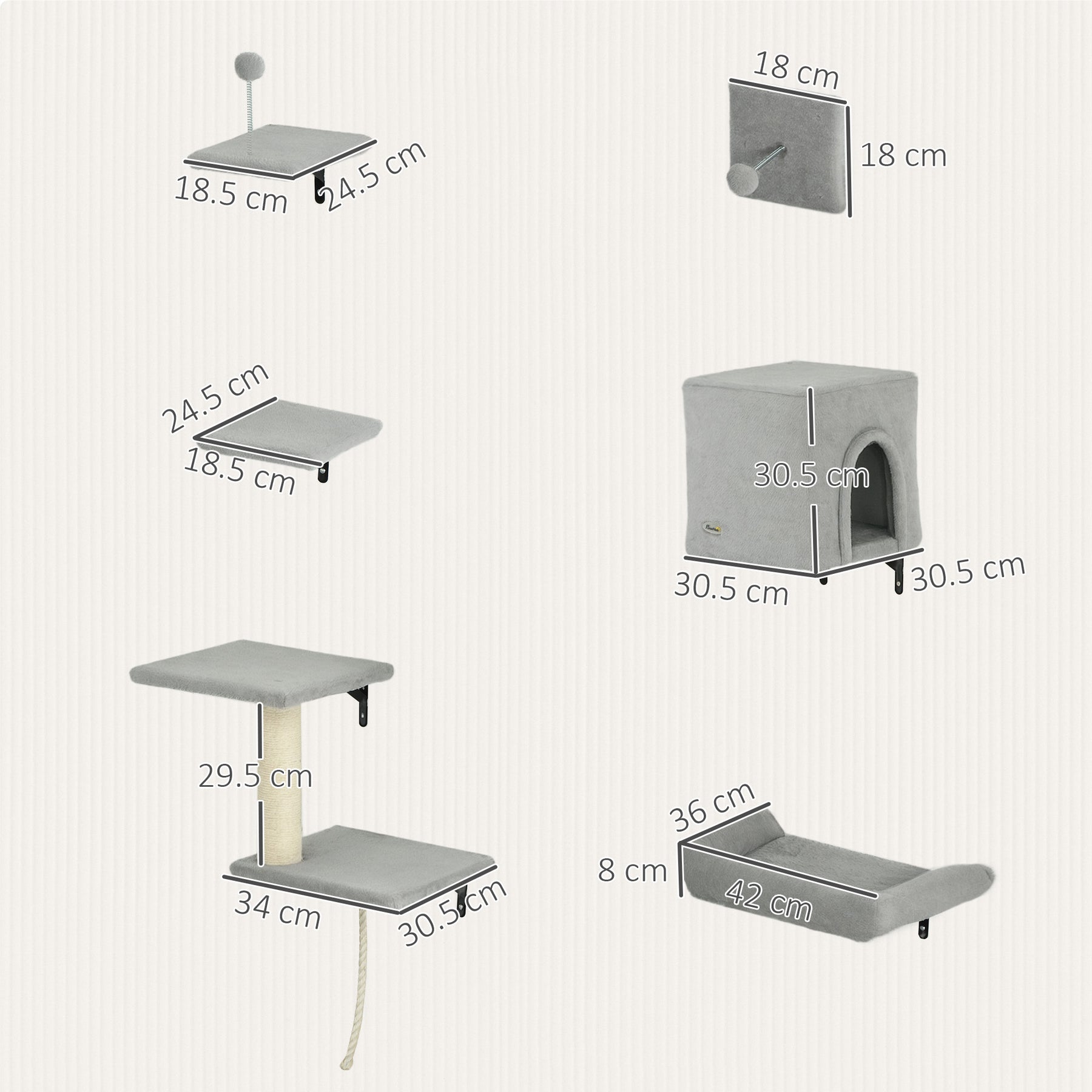 6-Piece Cat Wall Shelves Set with Condo, Cat Wall Furniture with Platforms, Sisal Scratching Post, Bed, Toy Ball, Grey