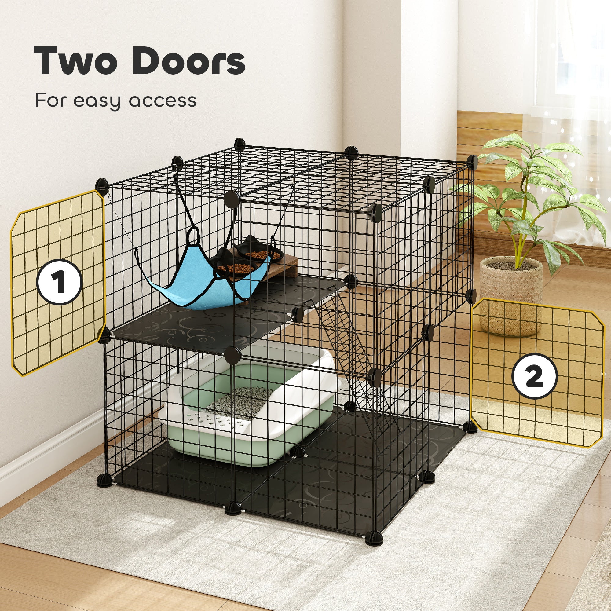 Indoor Cat Cage DIY Customizable 2-Tier Indoor Cat Enclosure with 2 Doors and Hammock  Black