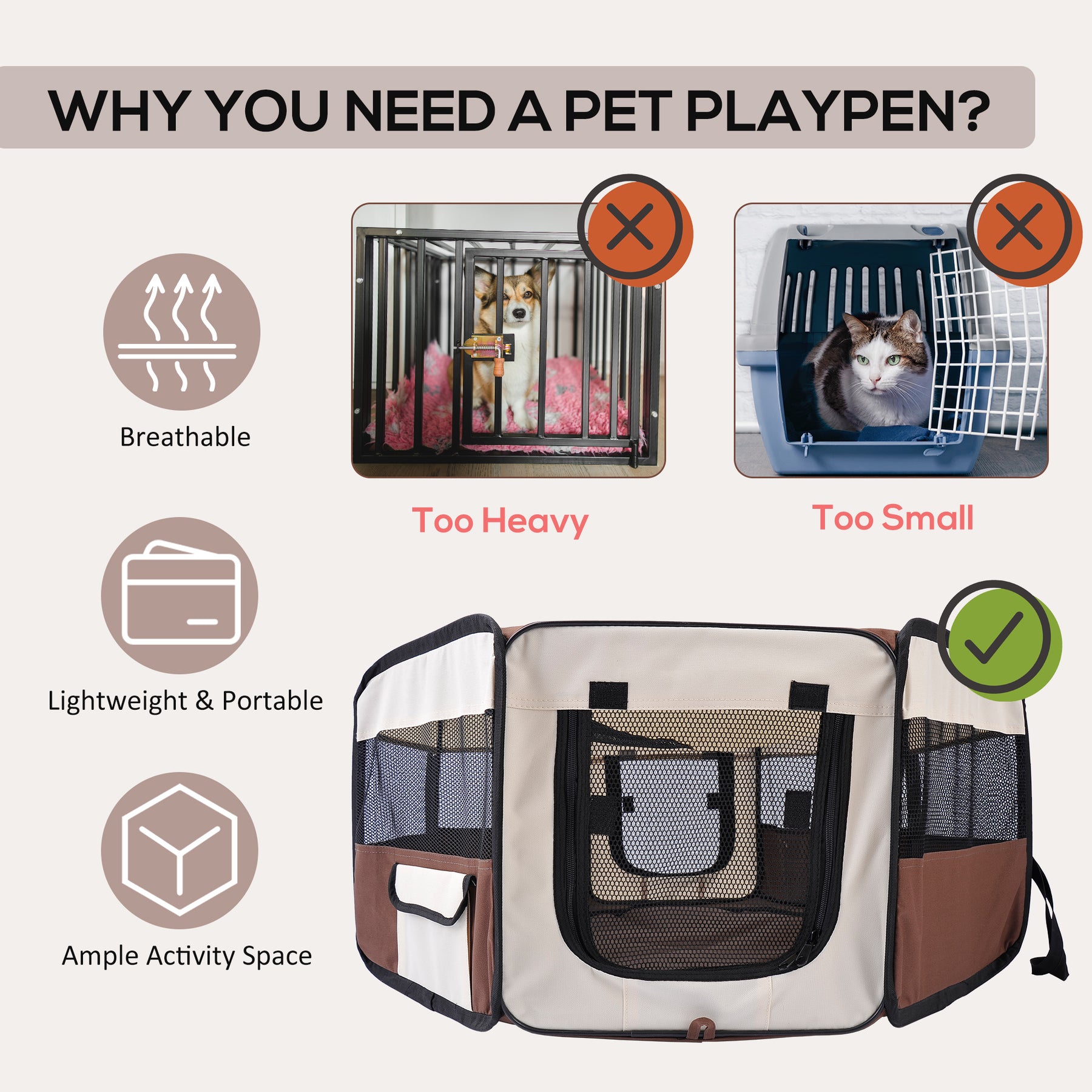 Fabric Pet Puppy Dog Cat Rabbit Pig Guinea Playpen Play Pen Run Brown and Cream
